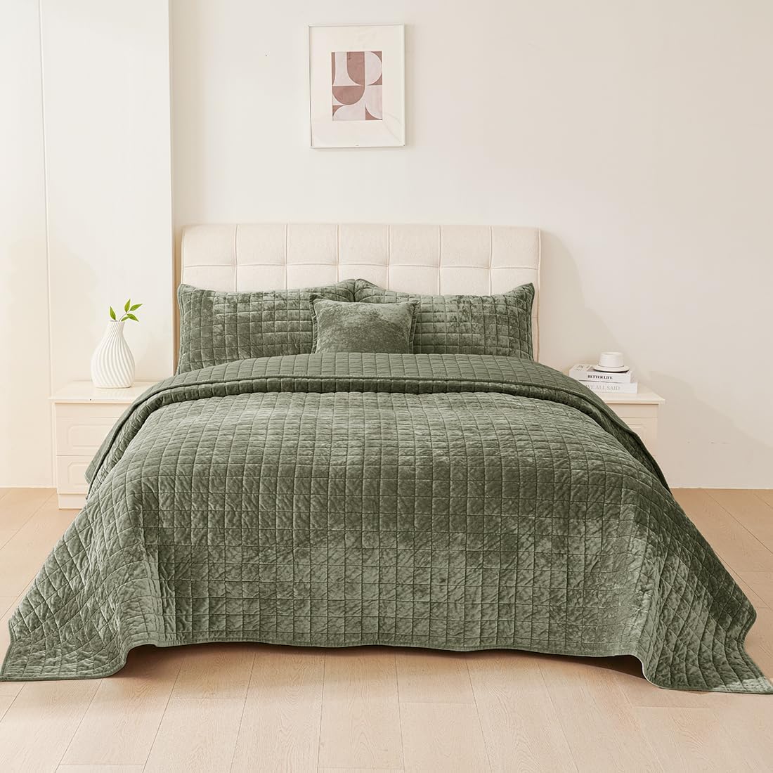 3 Pieces Velvet Cal King Quilt Set with Pillow Shams Army Green