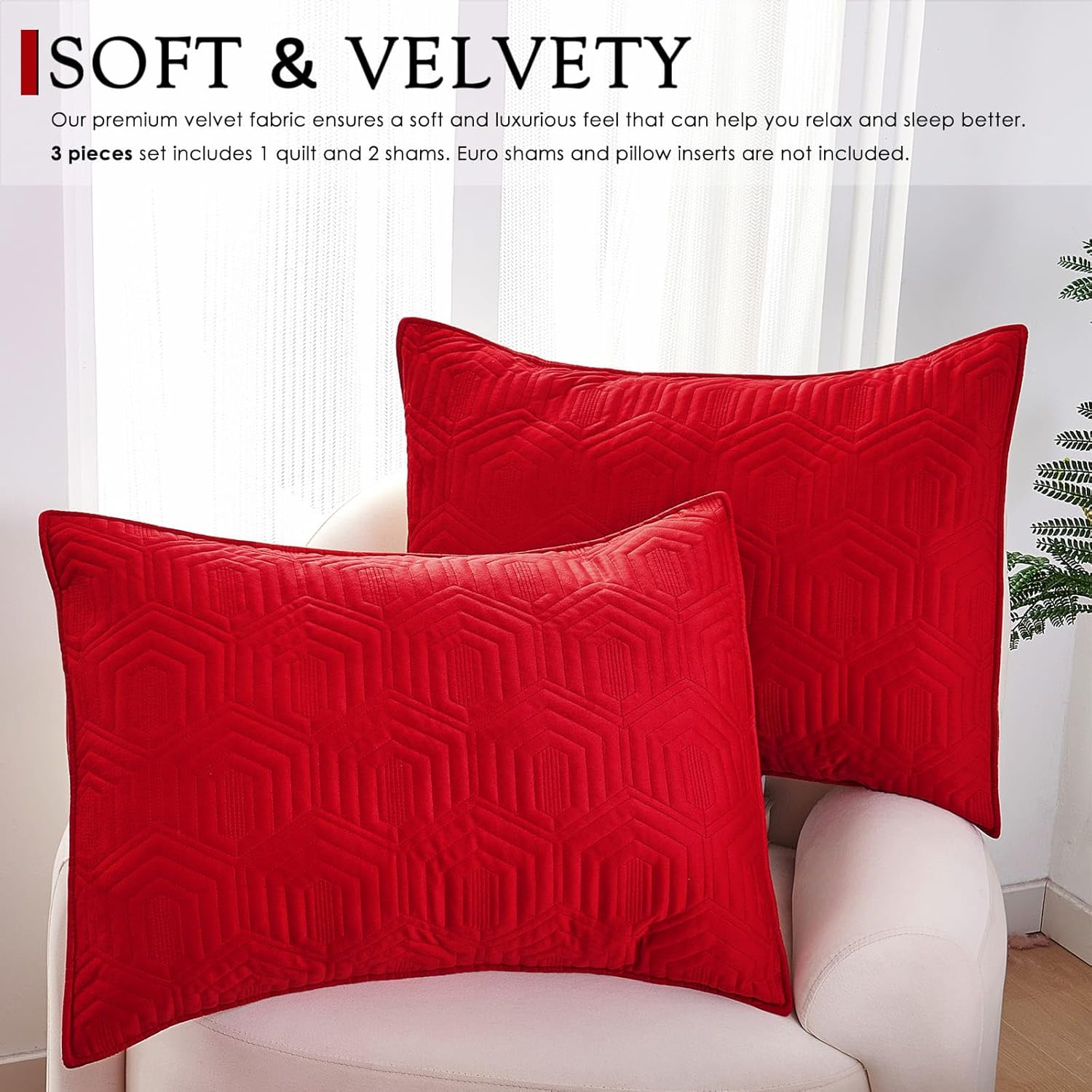 Querencia Velvet Quilt Set Queen - Red Ivory Geometric Comforter