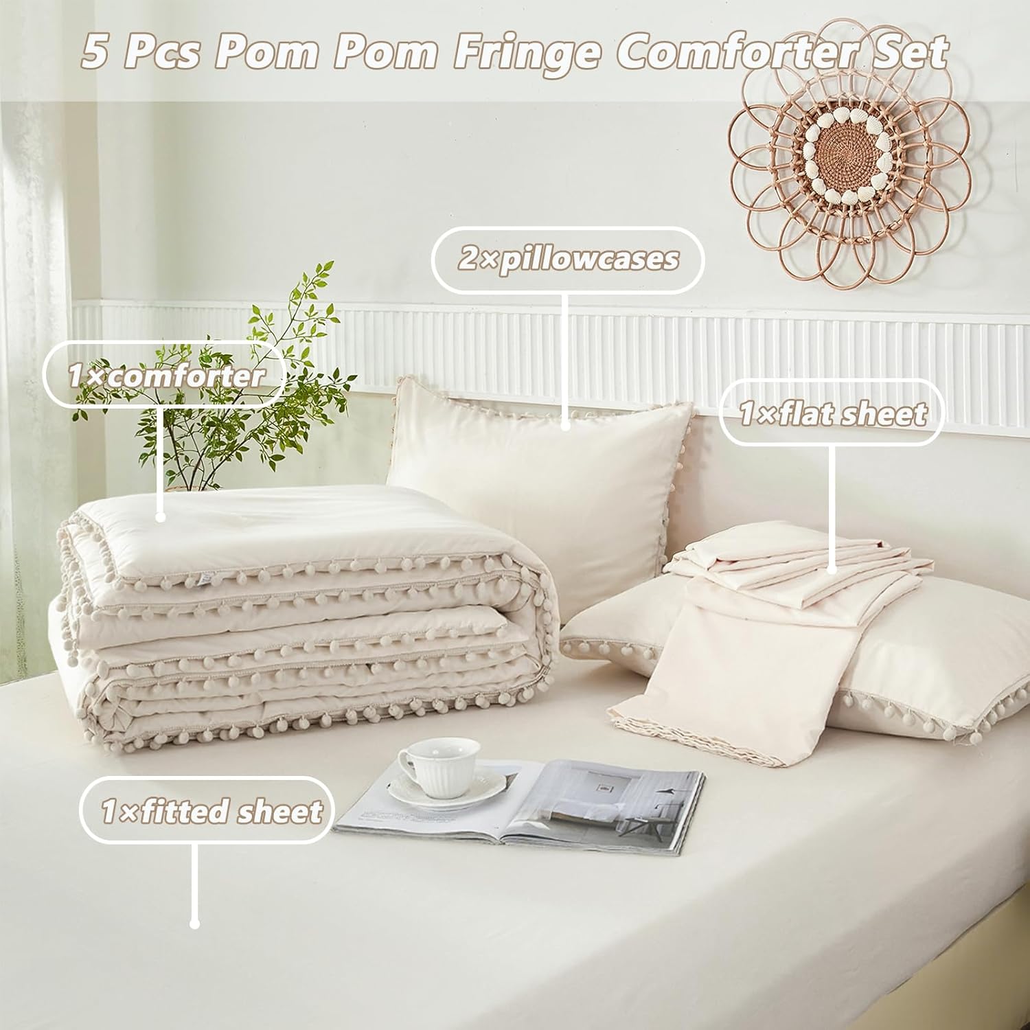 PERFEMET Beige Cream Comforter Set Twin Size 5 Pieces