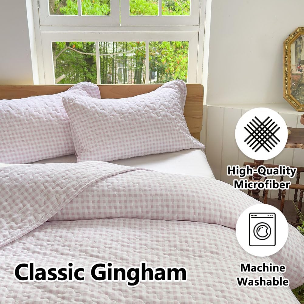 NSNLGSGC Pink Gingham Queen Quilt Set