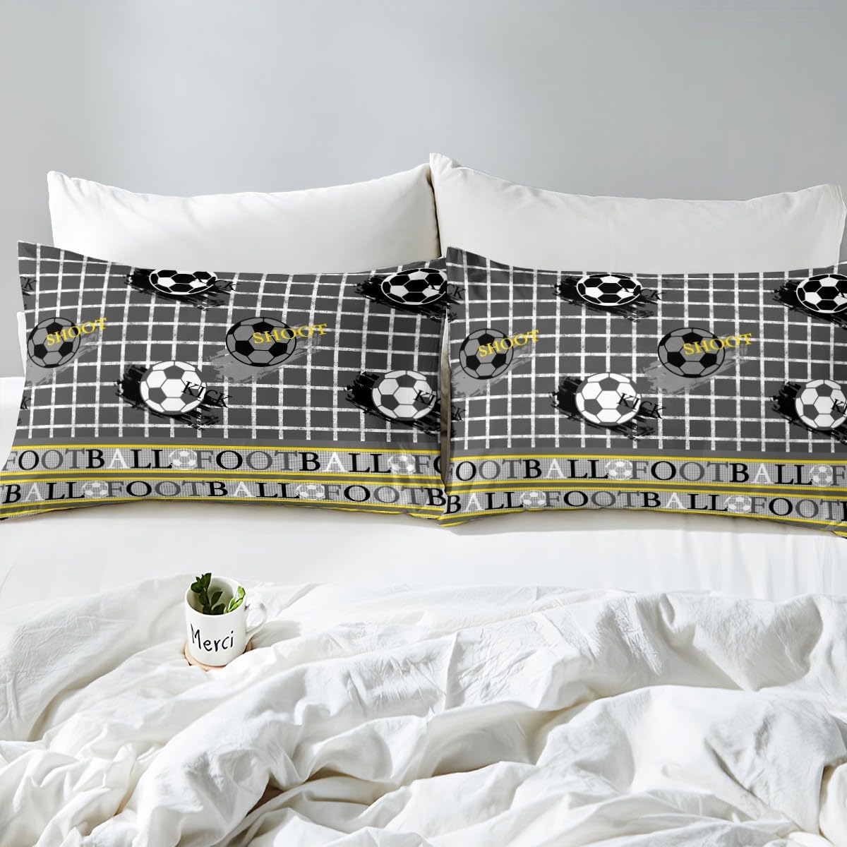 Football Bed Sheets Set Grey Yellow Fitted Sheet Pillowcases