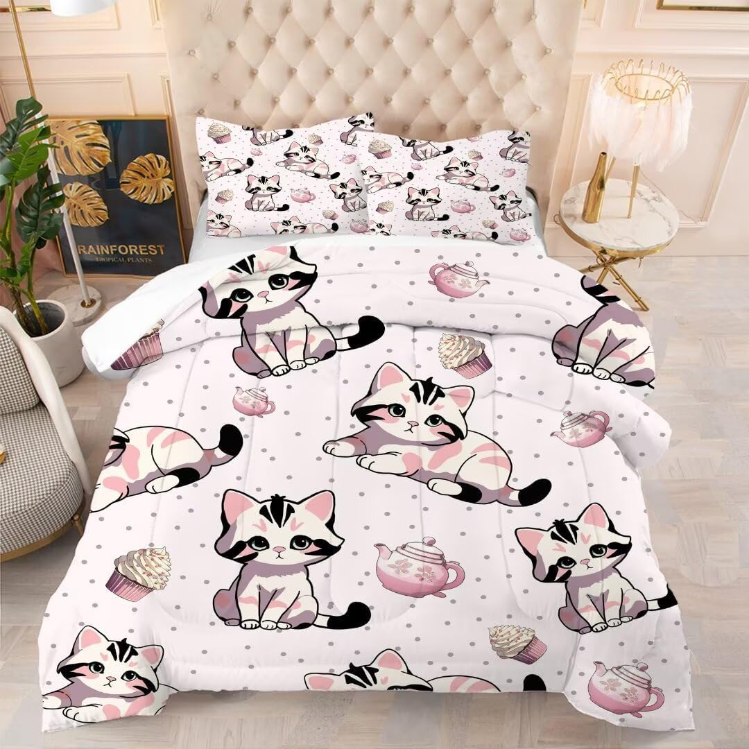 Pink Cat Comforter Set Twin Size for Girls 1