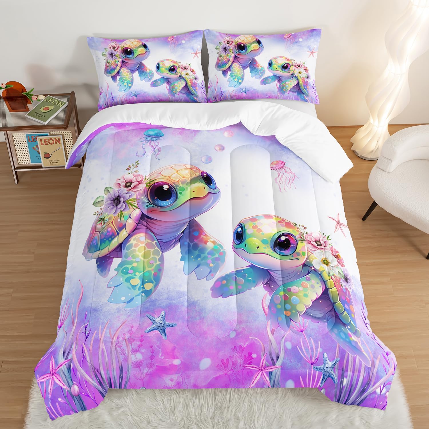 Kids Comforter Set with Turtle Print and Purple Design