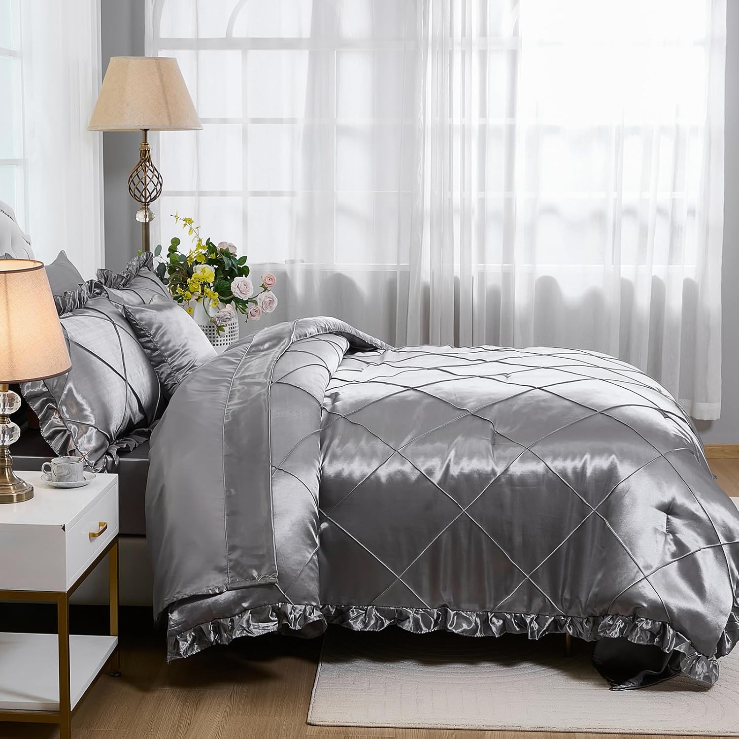 Grey Queen Comforter Set with 8 Pcs Satin Bedding
