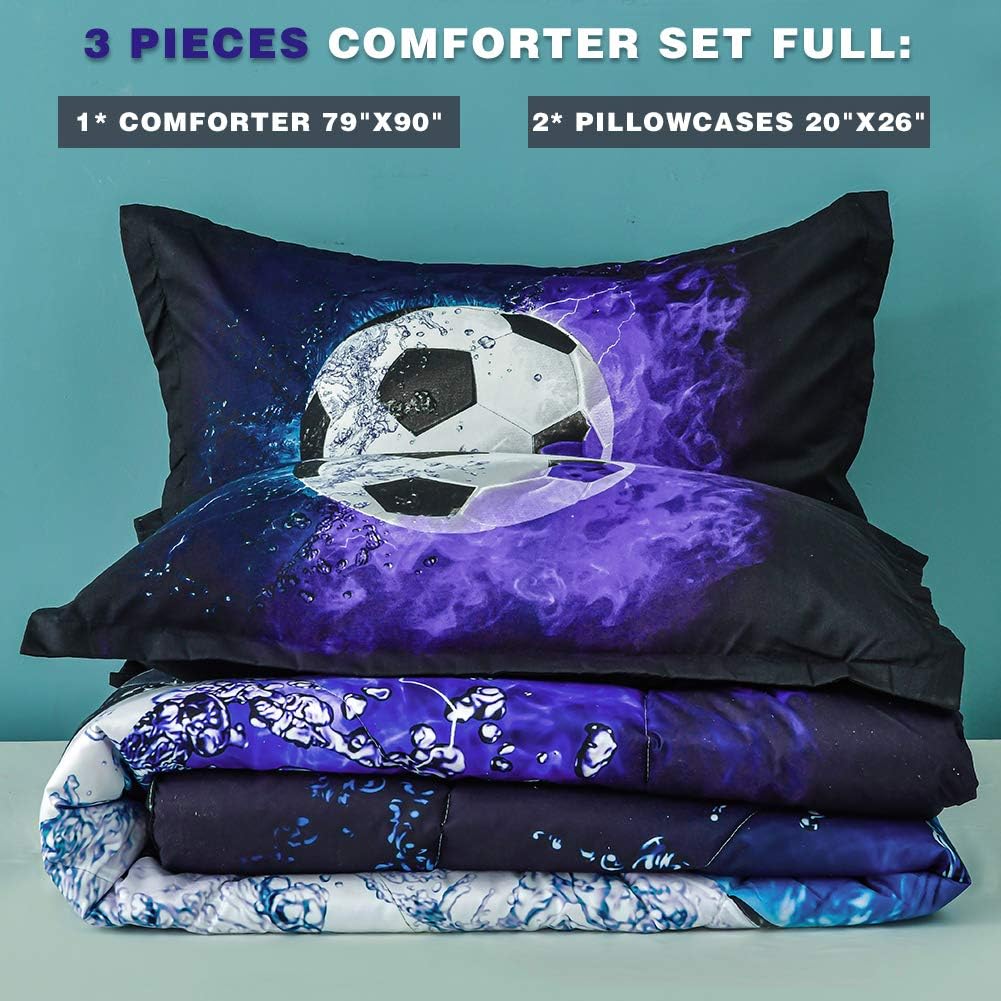 Andency 3D Soccer Comforter Set Full 79x90 Inch 3Pcs