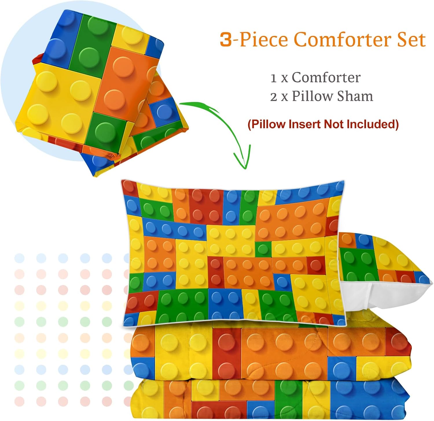 BlessLiving Kids Building Blocks Comforter Set - 3-Piece Twin
