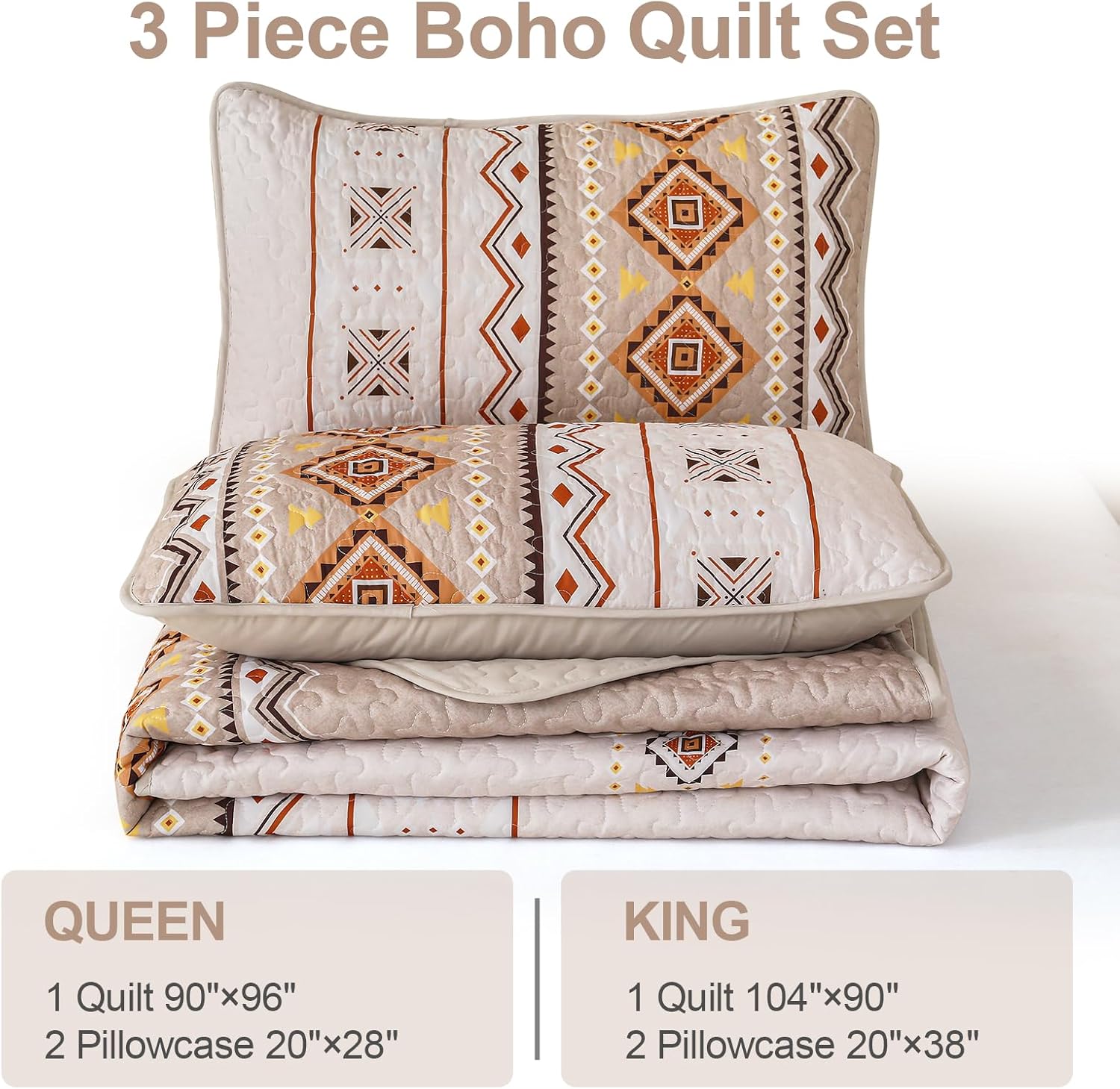 WONGS BEDDING Boho Beige Quilt Set Queen Size