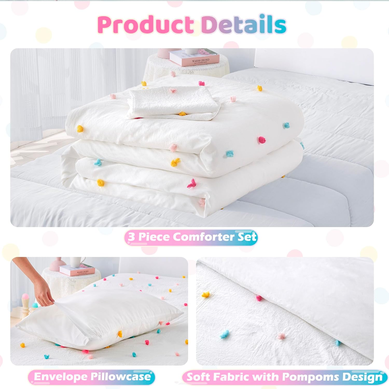 VIVILINEN Kids Comforter Set with Pom Pom Design