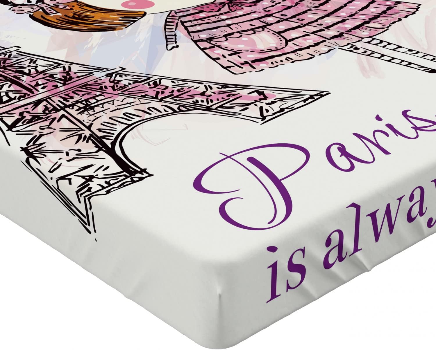Ambesonne Paris Fitted Sheet - Pale Pink Purple White