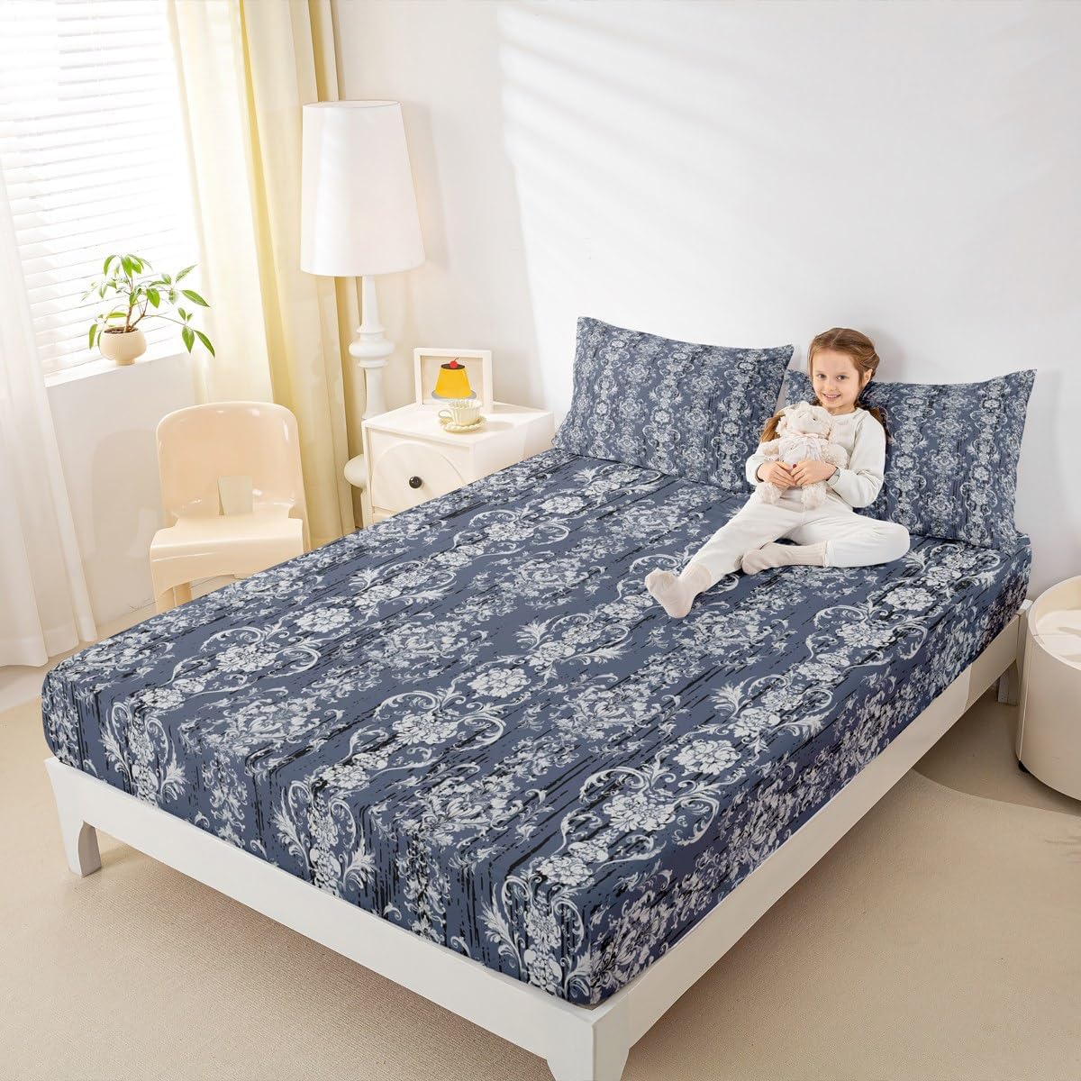 Erosebridal Damask Blue Gothic Floral Bed Sheet Set Twin