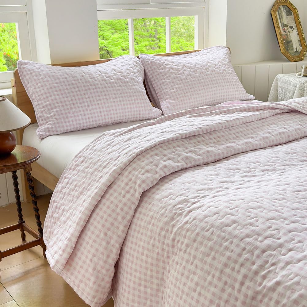 NSNLGSGC Pink Gingham Queen Quilt Set