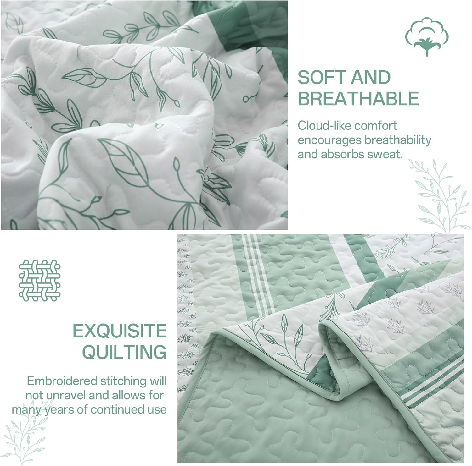 DJY Green Striped King Size Quilt Set with 2 Pillowcases