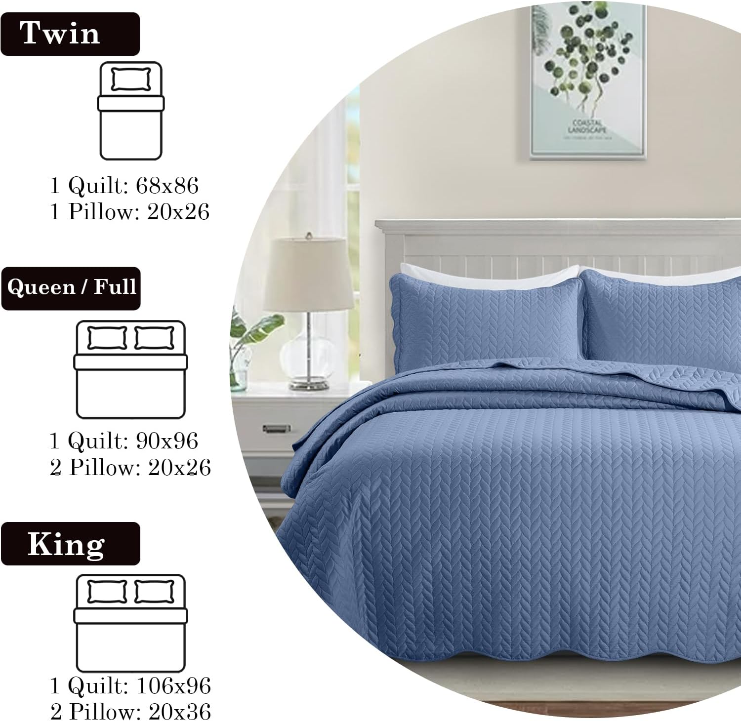 MOONLIGHT20015 Twin Quilt Set - Reversible Embossed Microfiber Coverlet 2 Pcs