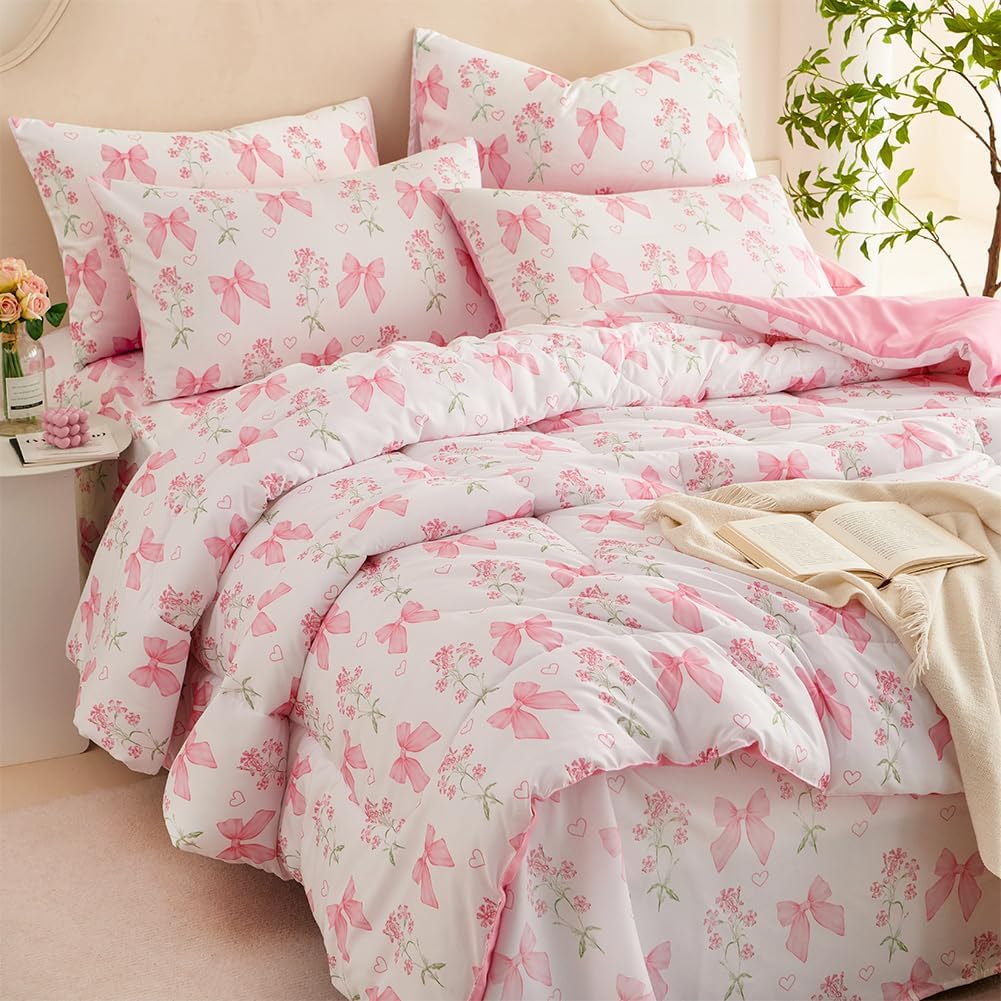 Pink Bow Comforter Set Queen Size Princess Style