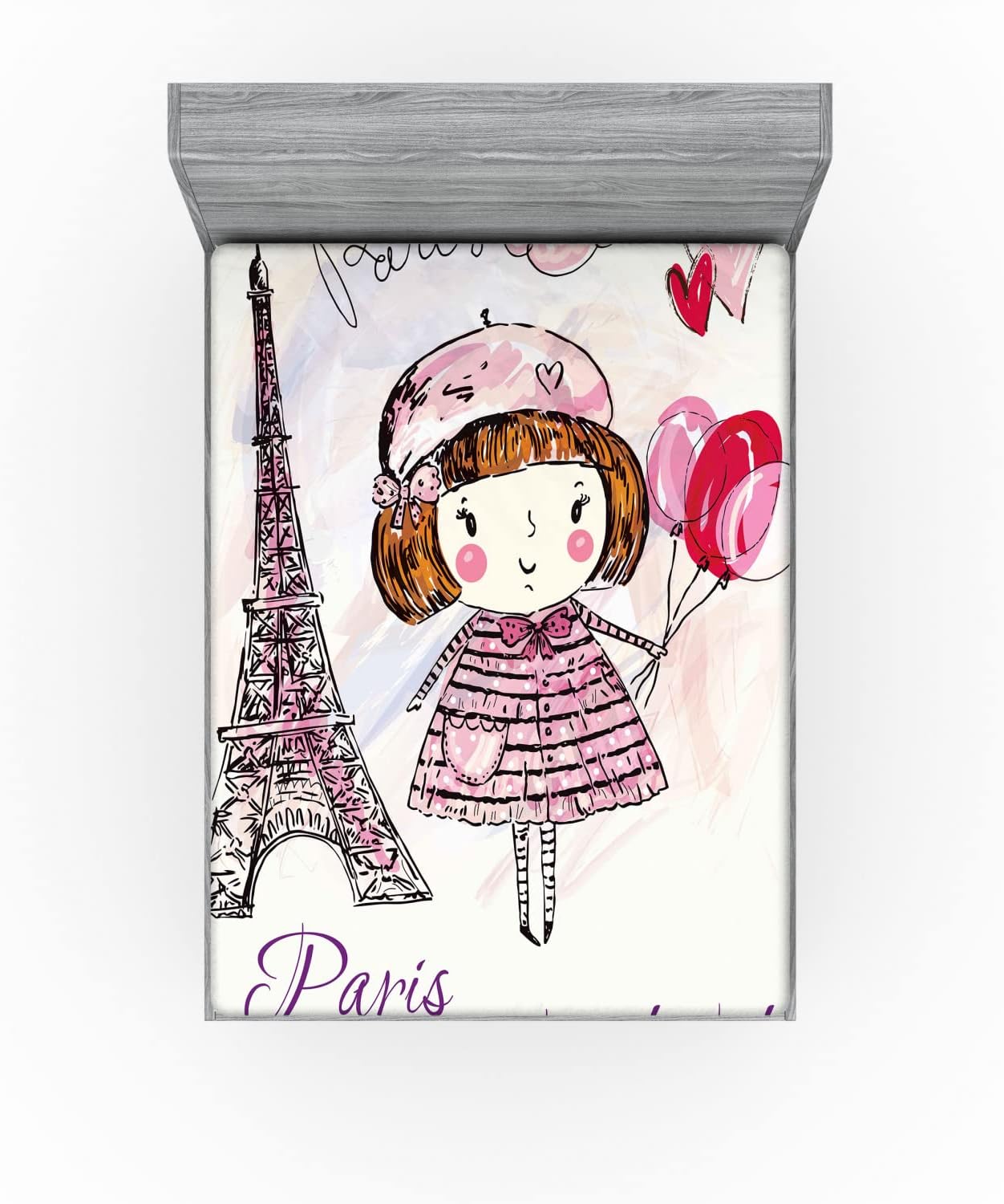 Ambesonne Paris Fitted Sheet - Pale Pink Purple White