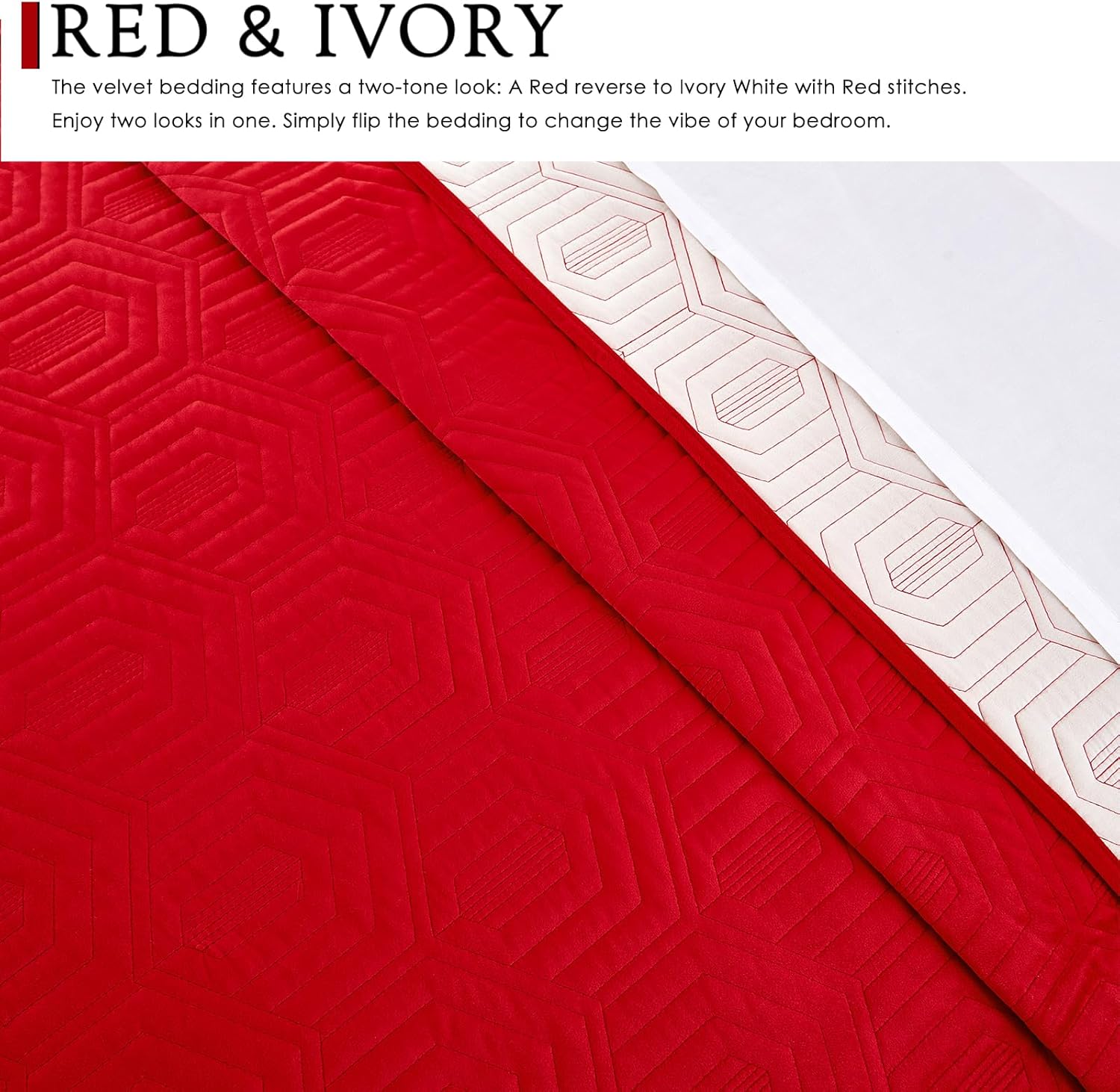 Querencia Velvet Quilt Set Queen - Red Ivory Geometric Comforter