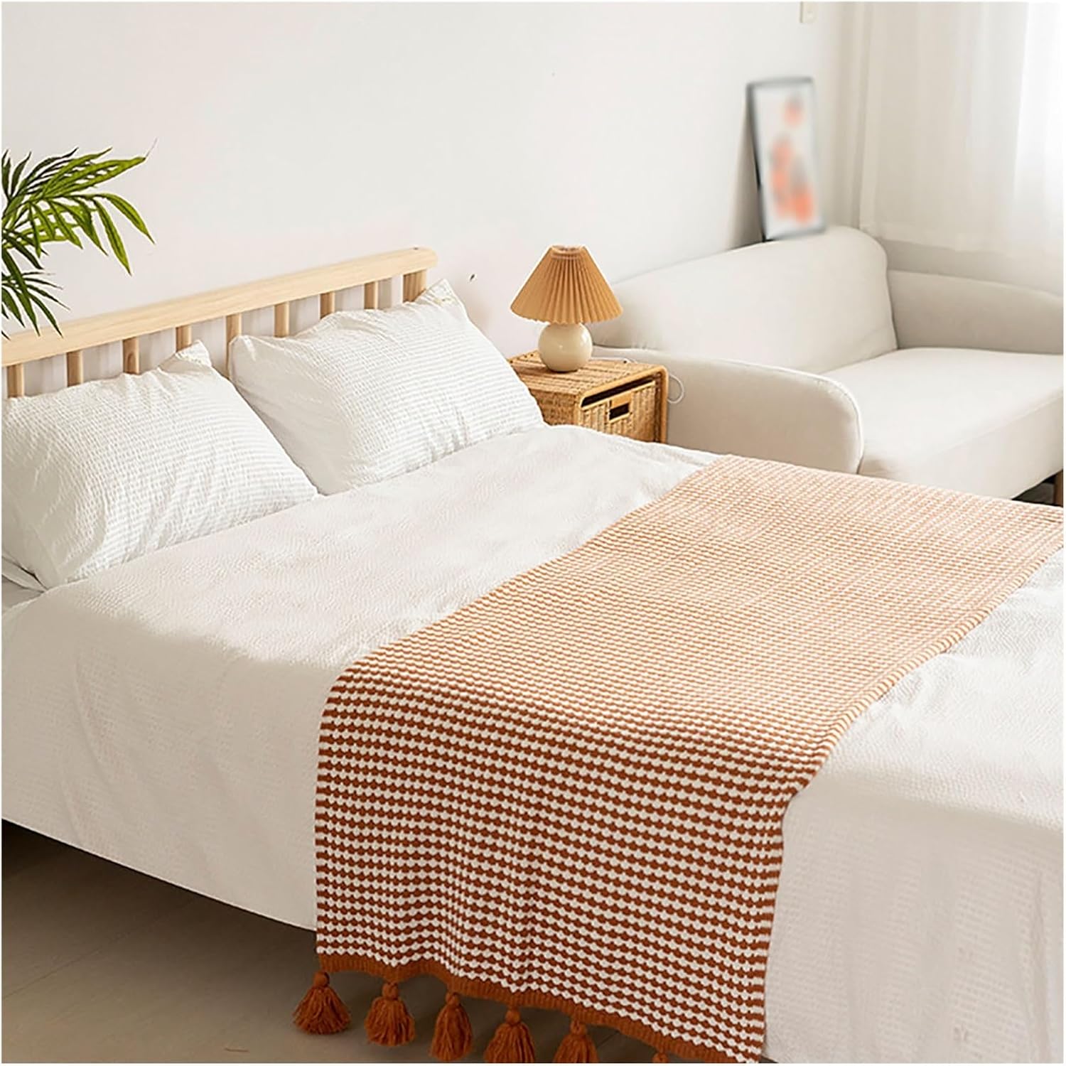 Knitted Bed Runner Scarf with Tassels 230x90cm Blue