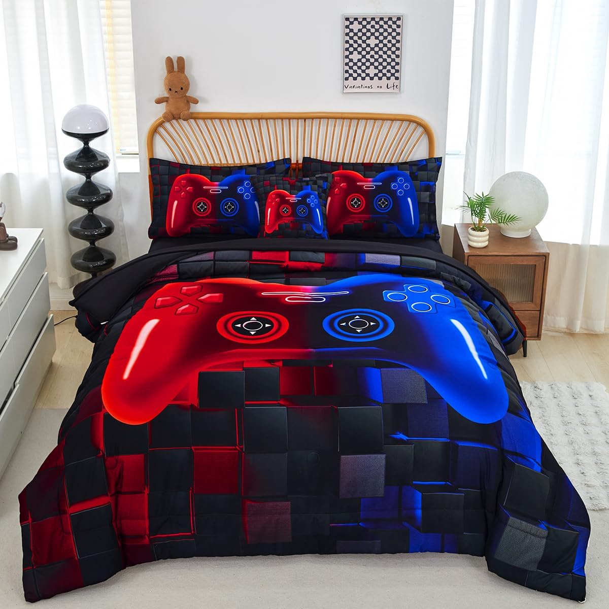 PERFEMET 6 Piece Kids Comforter Set Twin Red Blue Gamer Bedding