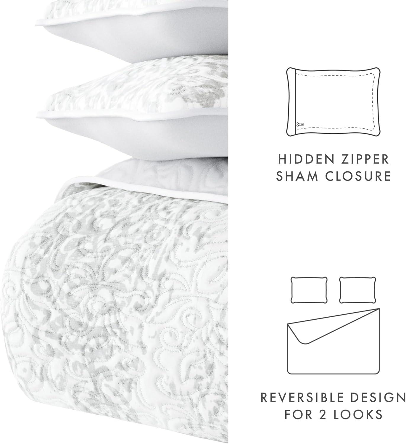 Linen Market Patterned Reversible Microfiber Quilt Set - KingCal-King Light Gray