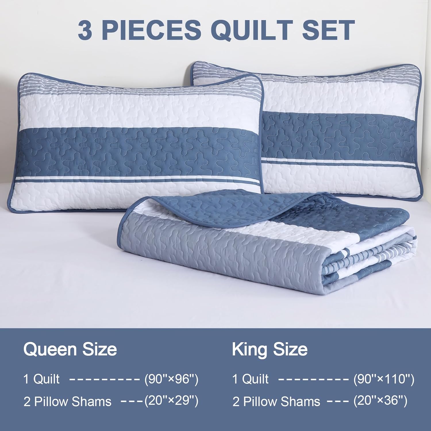 Dinjoy Boho Queen Quilt Set 3 Piece Mineral Blue Striped Bedspread