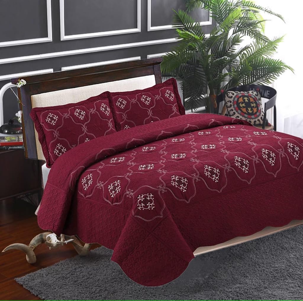 MarCielo 3-Piece Embroidery Quilt Set - Burgundy California King