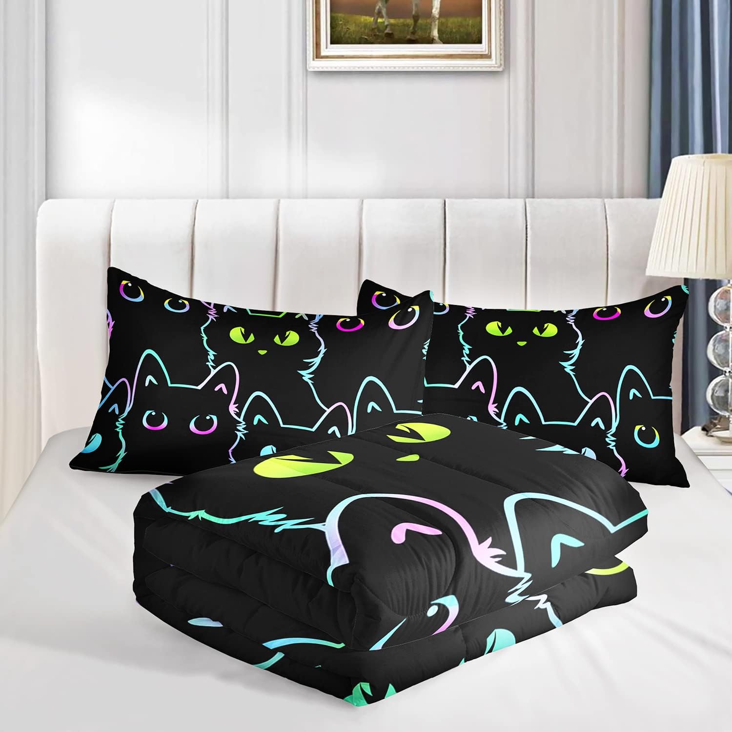 Axolotl Kids Cartoon Cat Comforter Set - Full Size Gradient Black