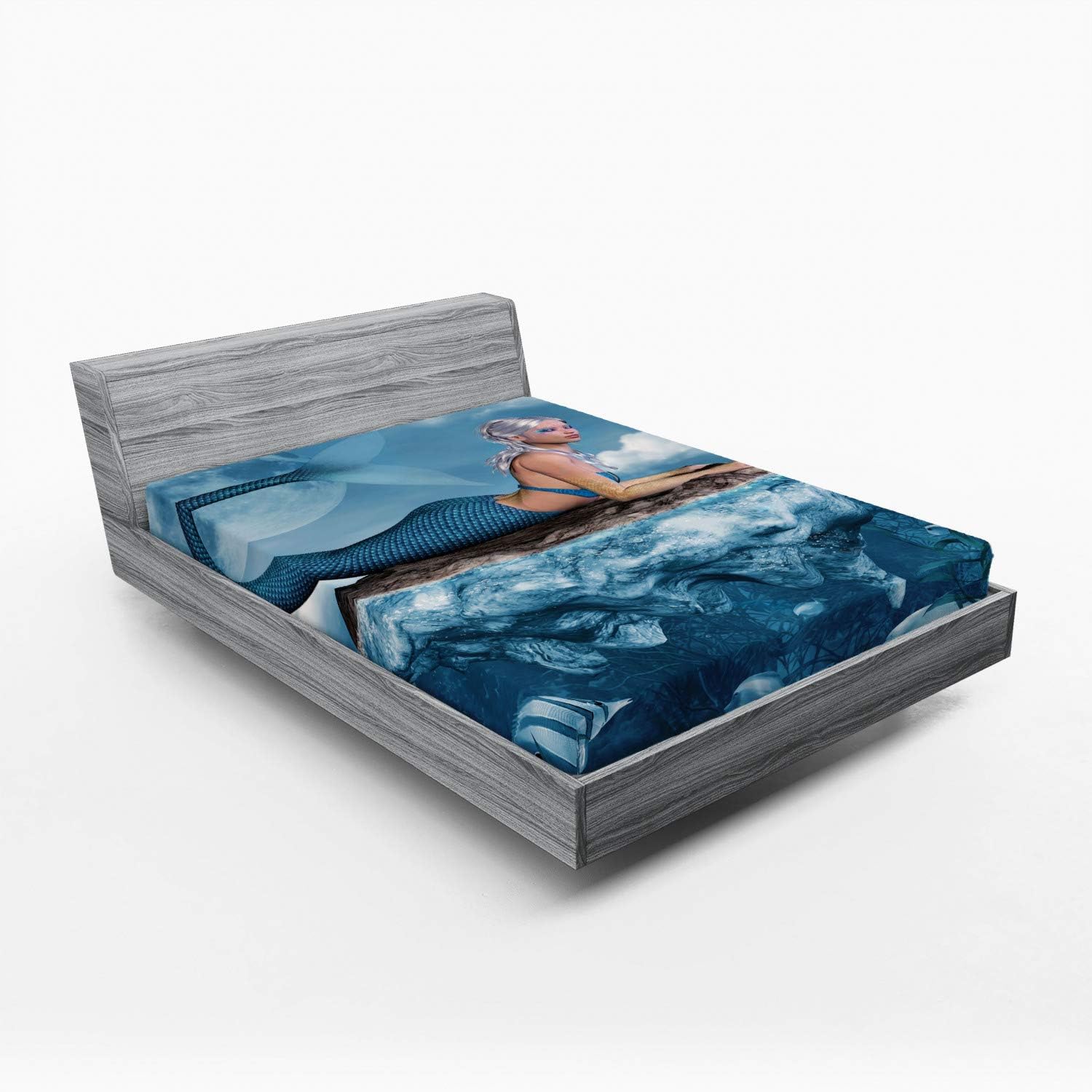 Ambesonne Mermaid Fitted Sheet - Navy Blue with White Graphic Print