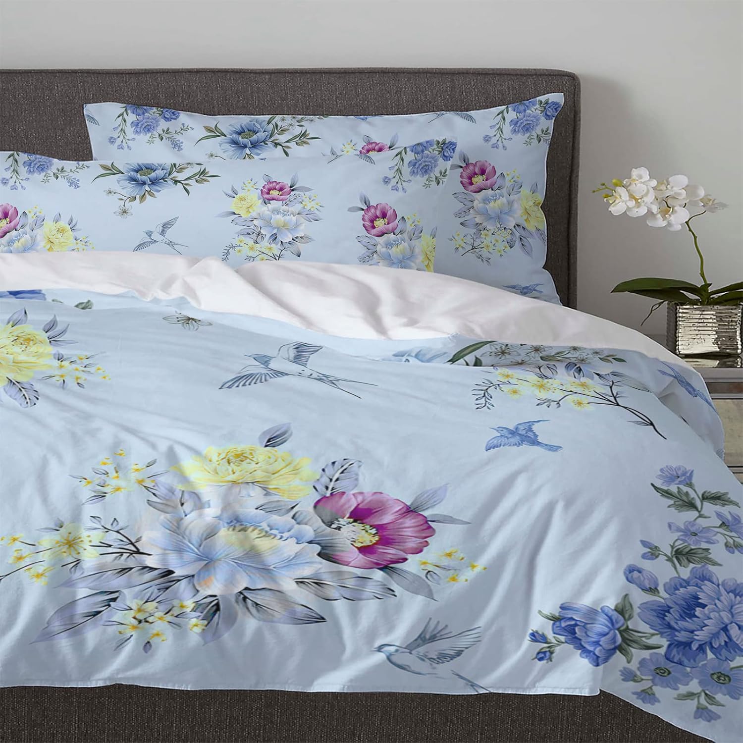 California King Duvet Cover Set with Flower and Bird Pattern
