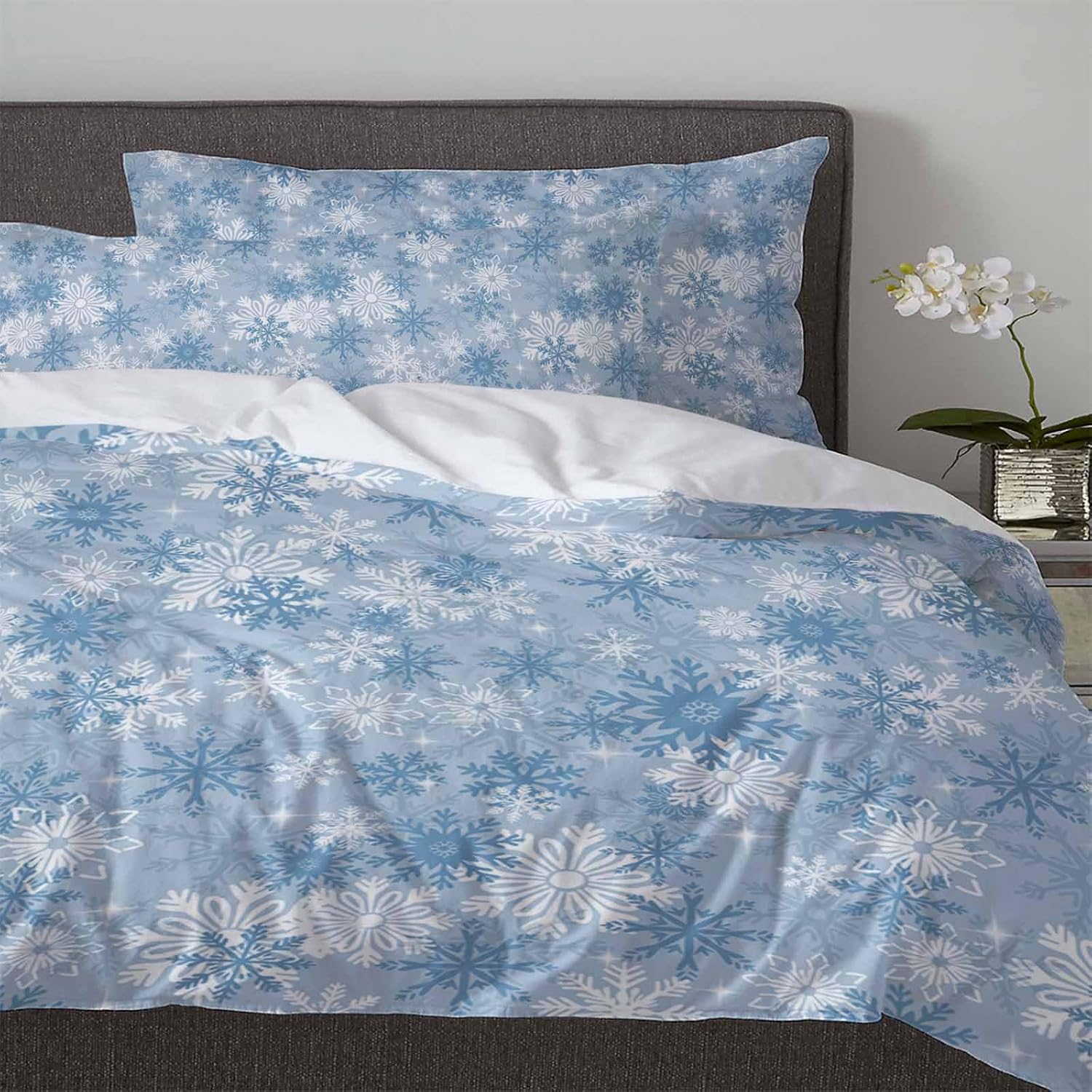 OComster California King Duvet Cover Set with Blue Snowflake Design