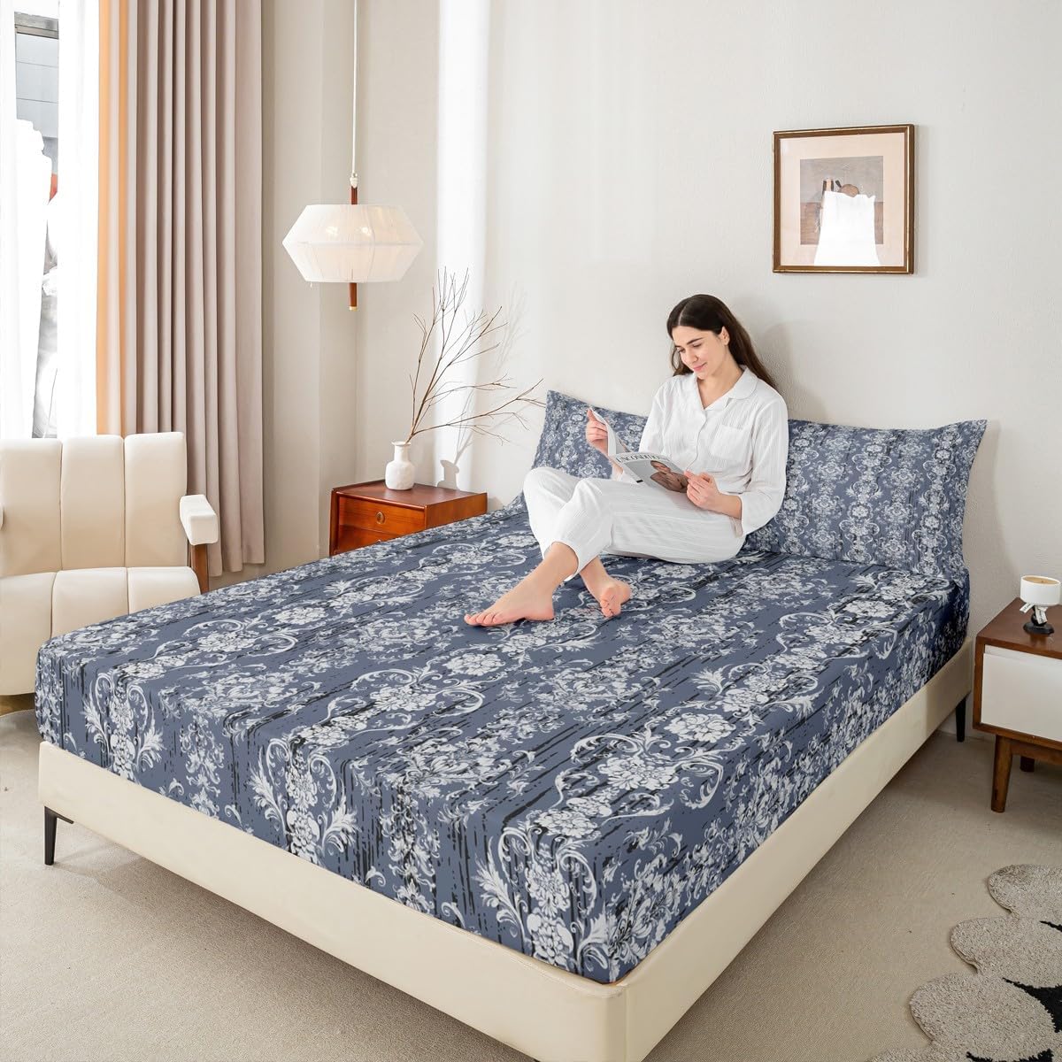 Erosebridal Damask Blue Gothic Floral Bed Sheet Set Twin