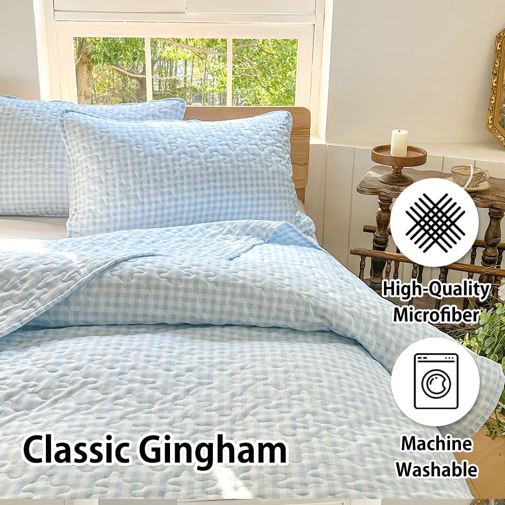 NSNLGSGC Gingham King Quilt Set Soft Blue Plaid Bedspread