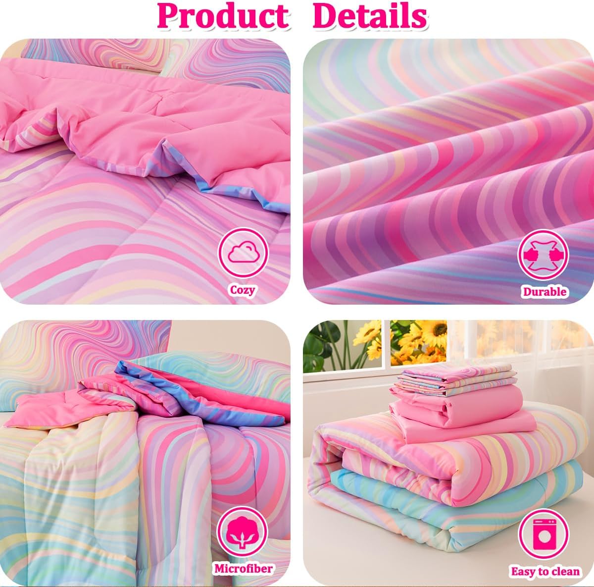 ASKOTU Girls Pink Blue Rainbow Comforter Set 6 Pcs