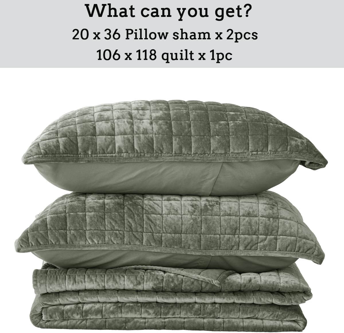 3 Pieces Velvet Cal King Quilt Set with Pillow Shams Army Green