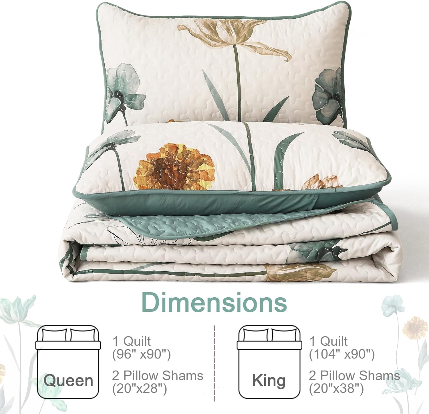 WONGS BEDDING Floral Queen Quilt Set with 2 Pillowcases