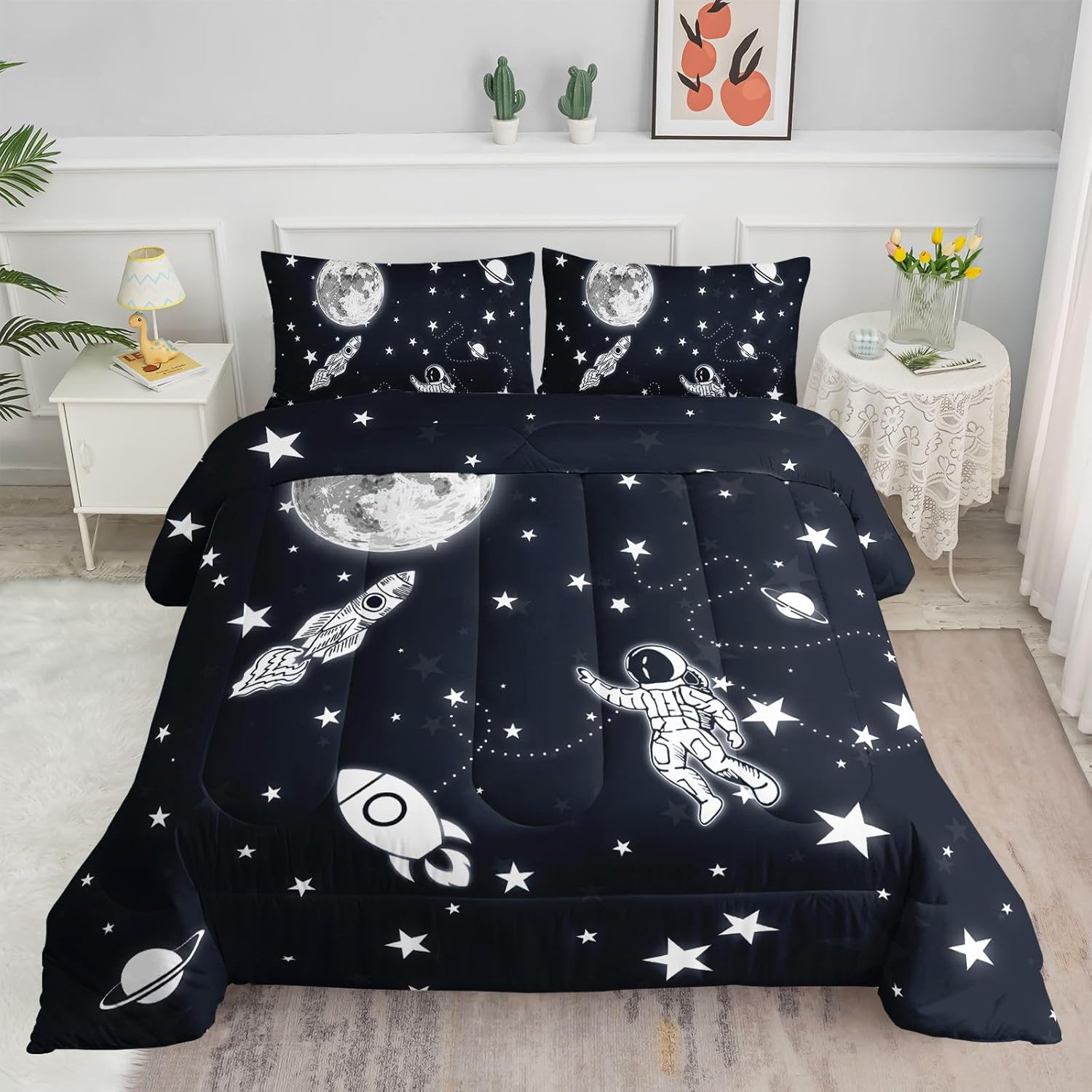 Kids Comforter Set Astronaut Space Rocket Pattern Twin 68x86