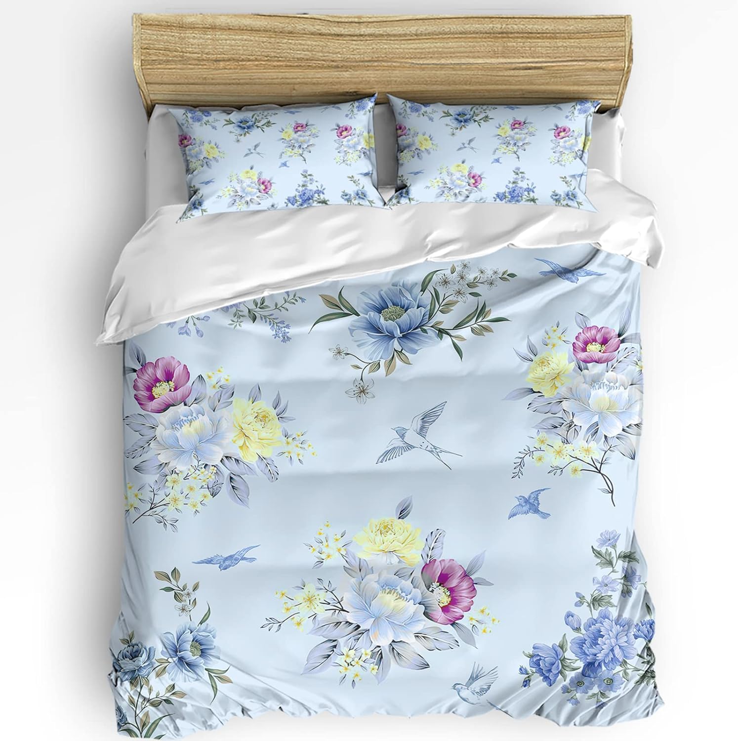 California King Duvet Cover Set with Flower and Bird Pattern