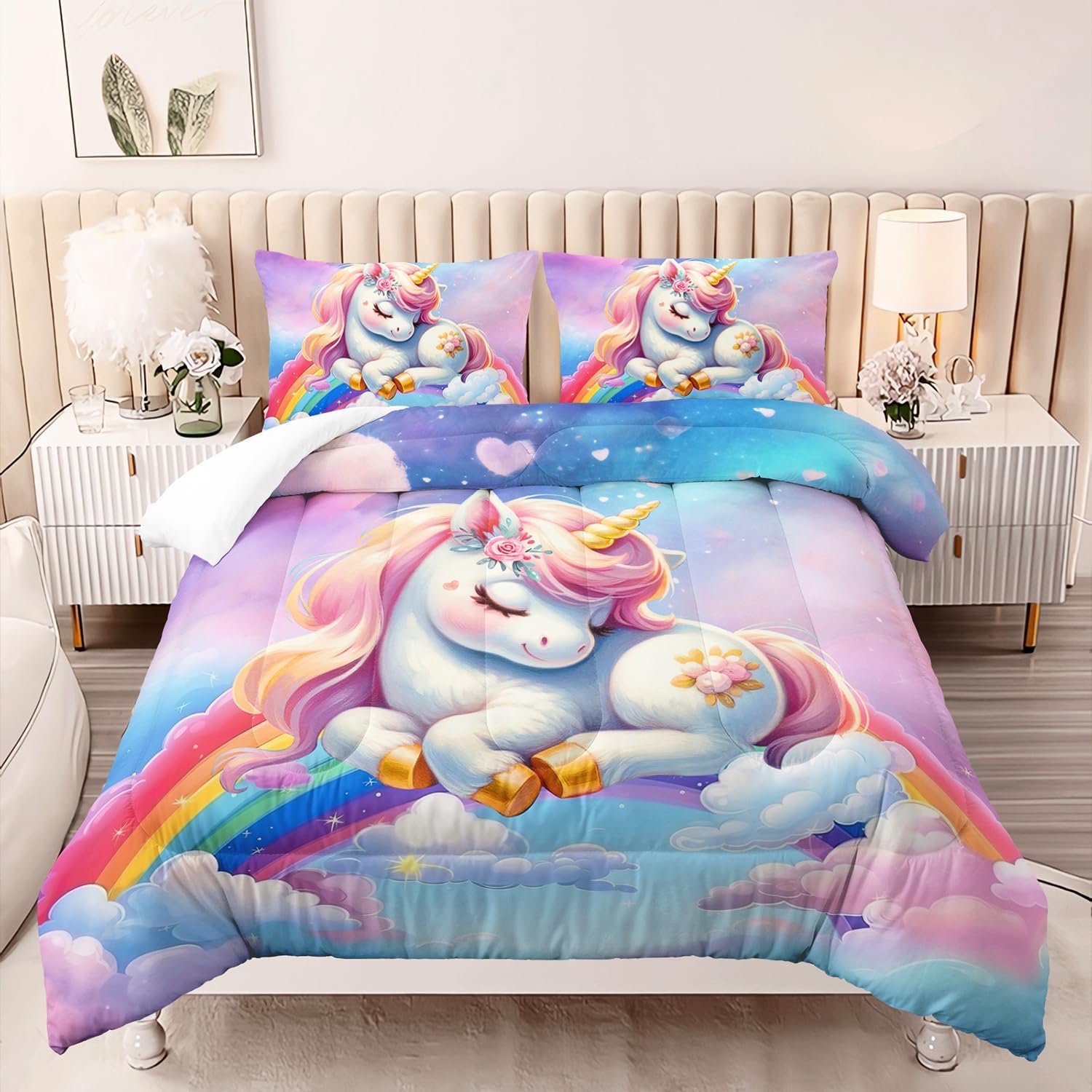 XYNHML Pink Blue Unicorn Comforter Set 3pcs Twin