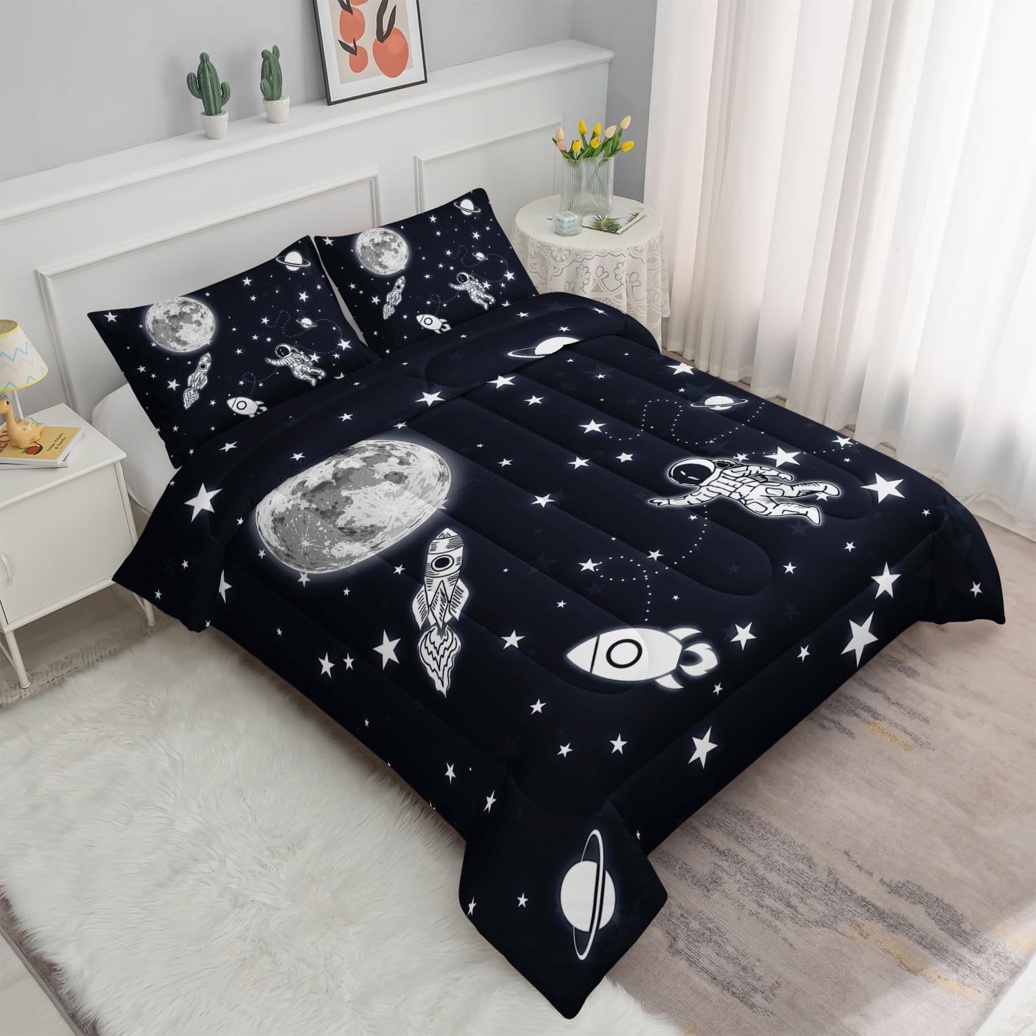 Kids Comforter Set Astronaut Space Rocket Pattern Twin 68x86