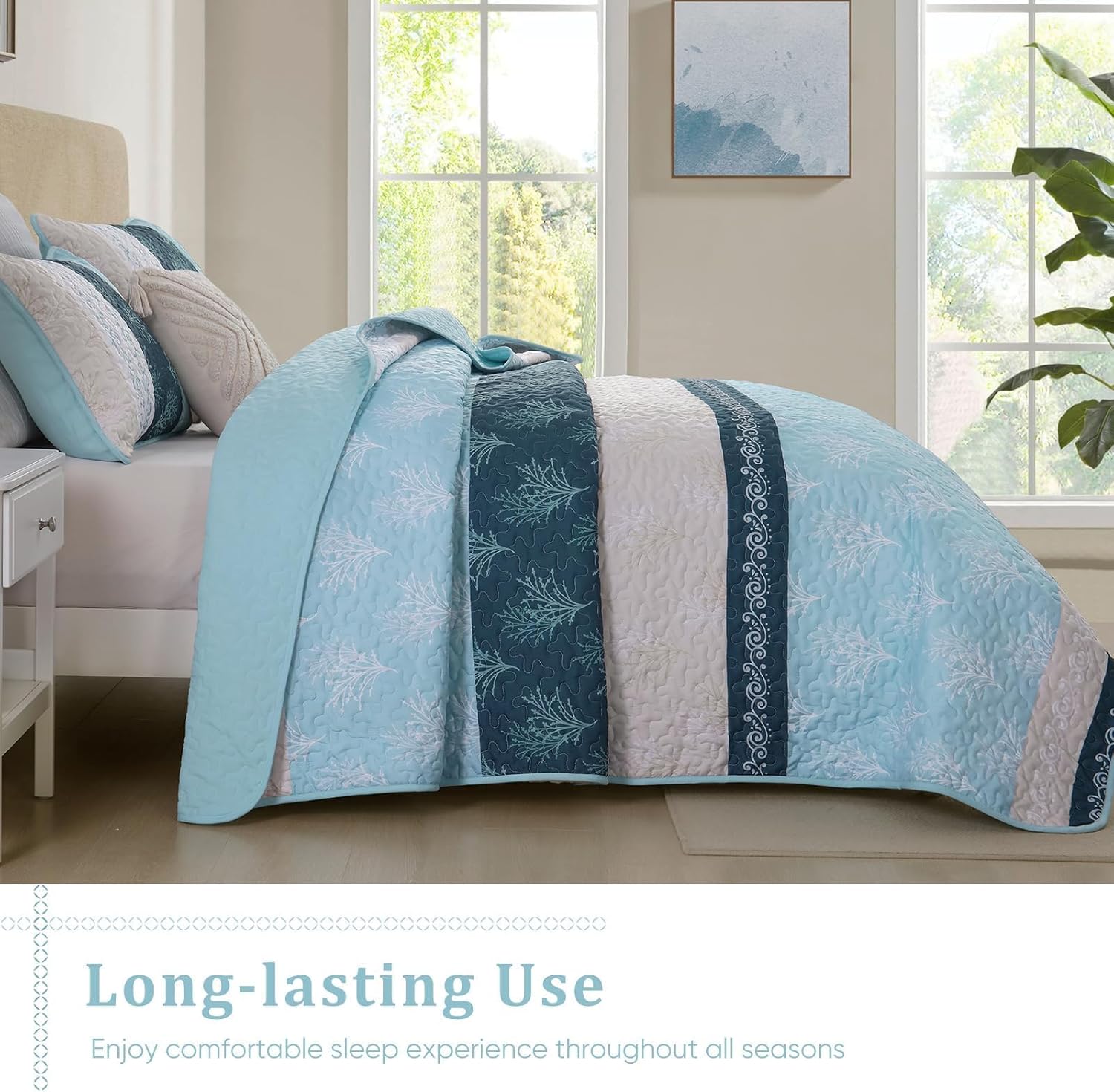 DJY Light Blue Boho Quilt Set 3 Pieces King Size