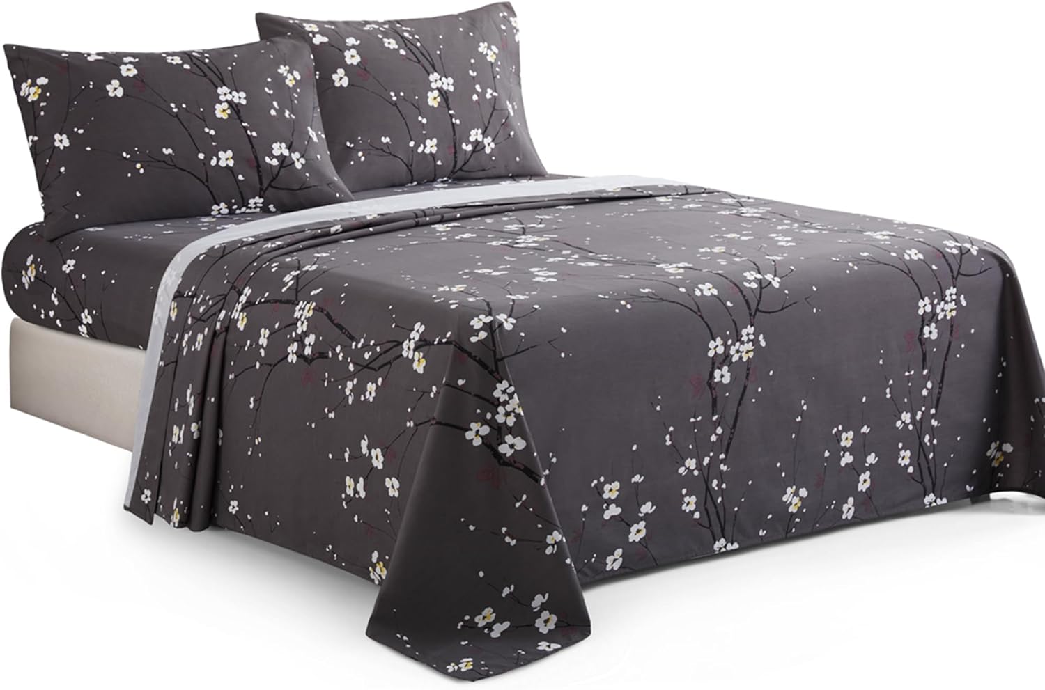 Plum Blossom Floral Grey Printed 600 Thread Count Cotton Blend Sheet Set
