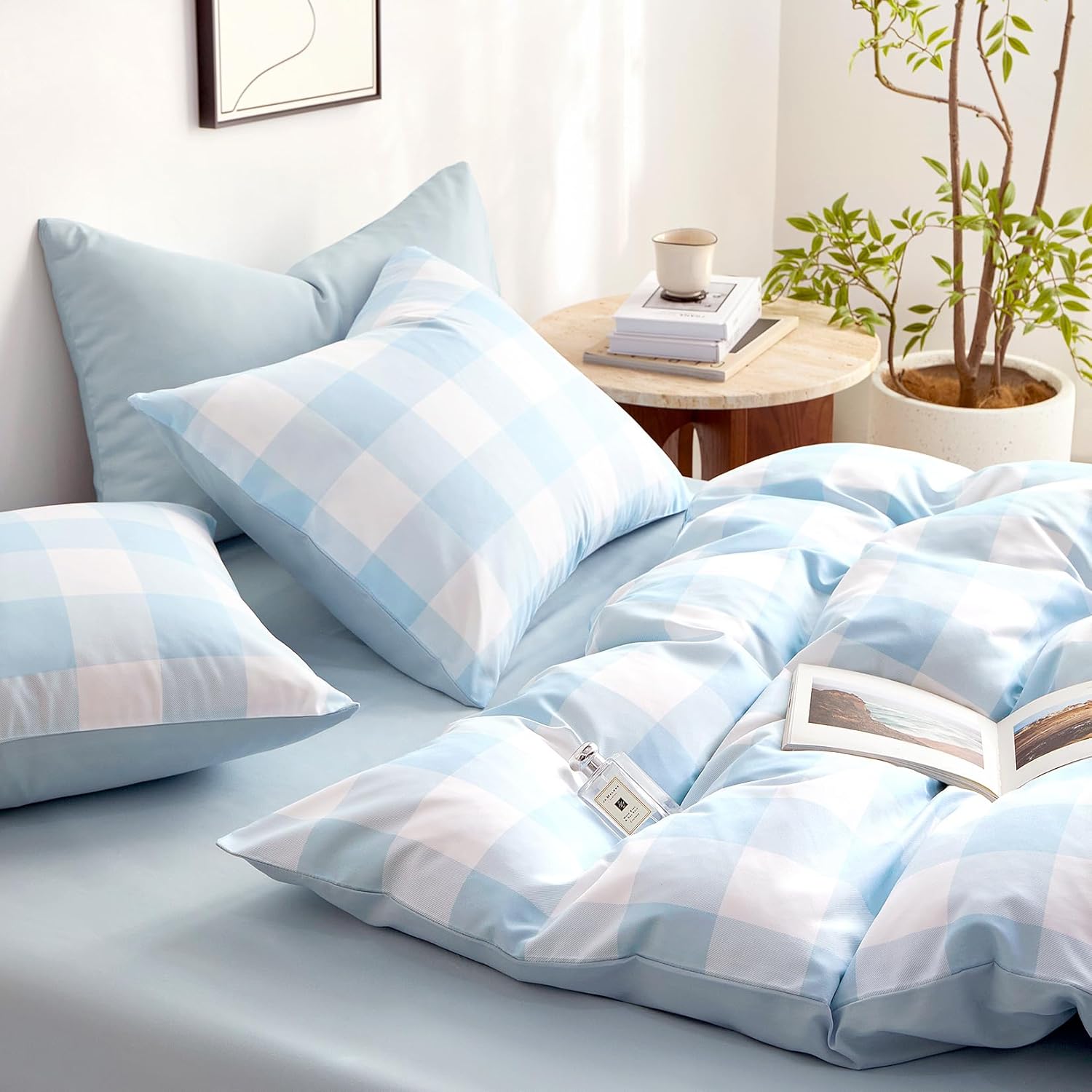 Wake In Cloud - Gingham Duvet Cover Set Light Blue White TwinTwin XL