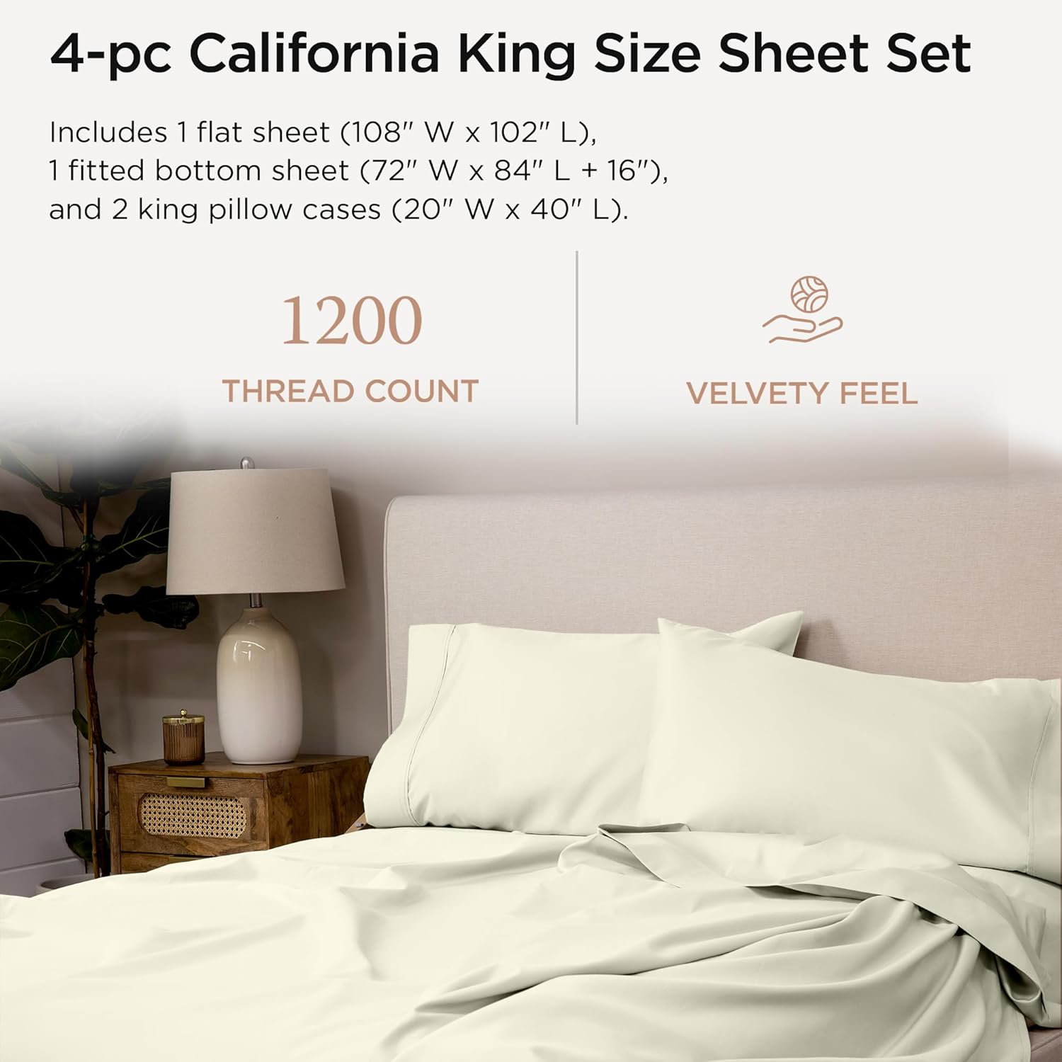 Threadmill 100 Supima Cotton Sheets 1200 Thread Count Cal King Set Ivory