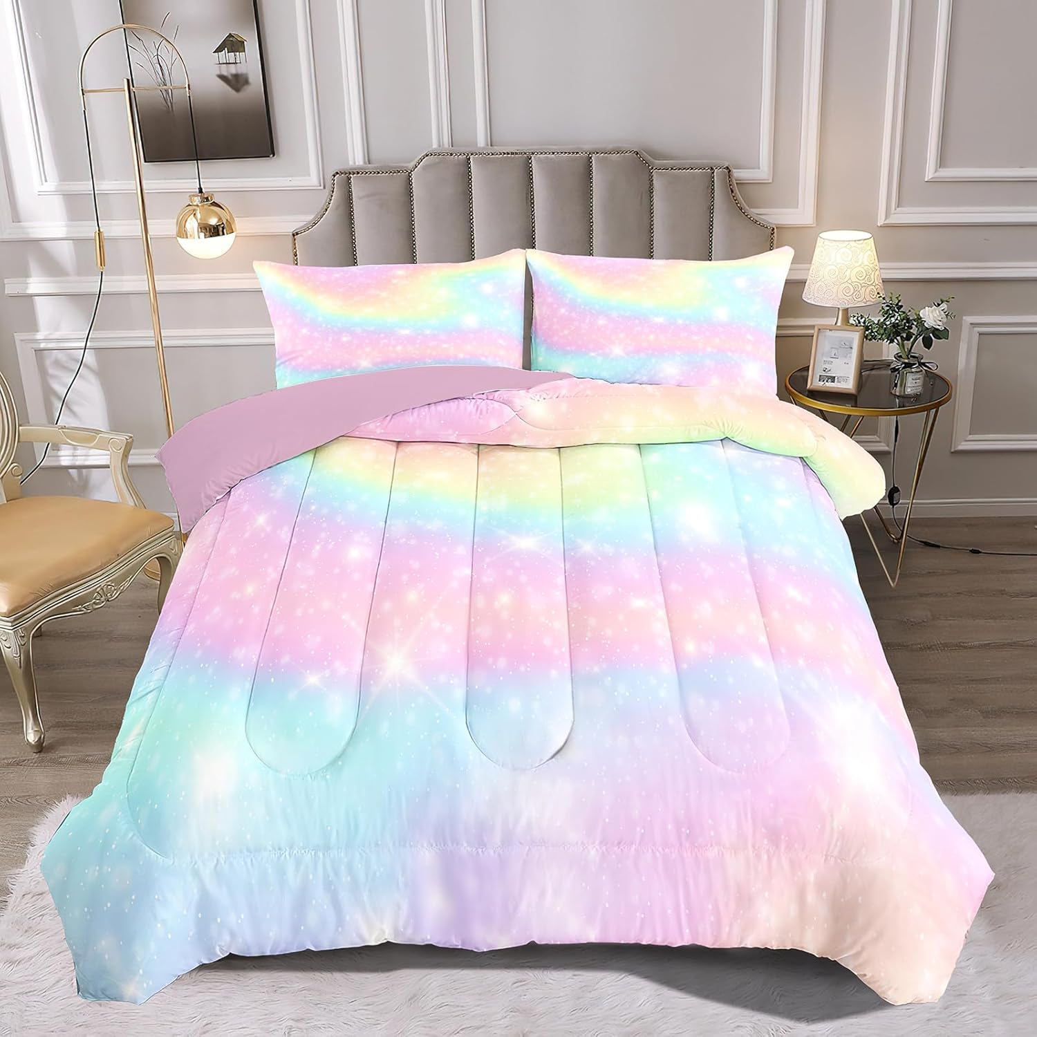 Kids Bedding Set 5 Piece Gradient Print Comforter Set for Girls