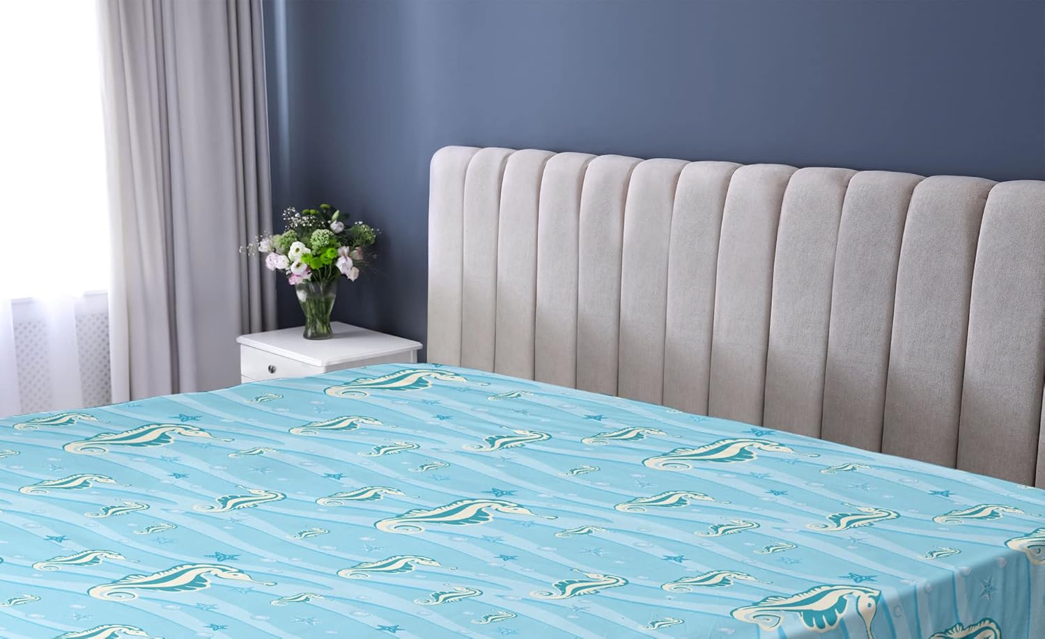Ambesonne California King Fitted Sheet - Cartoon Seahorses Blue