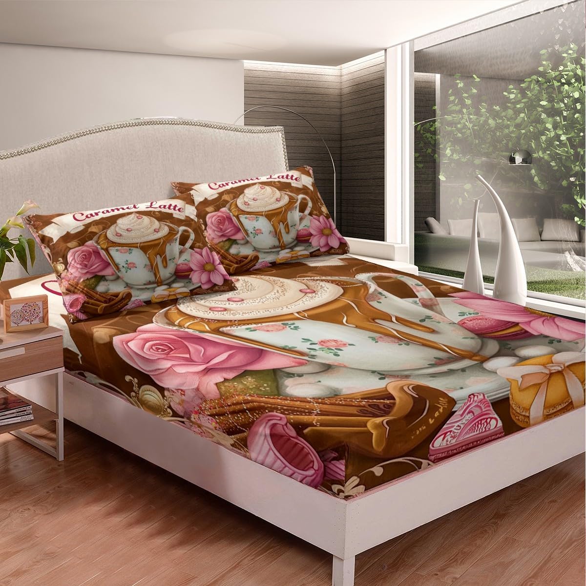 Erosebridal Caramel Lattle Fitted Sheet with Pillowcases