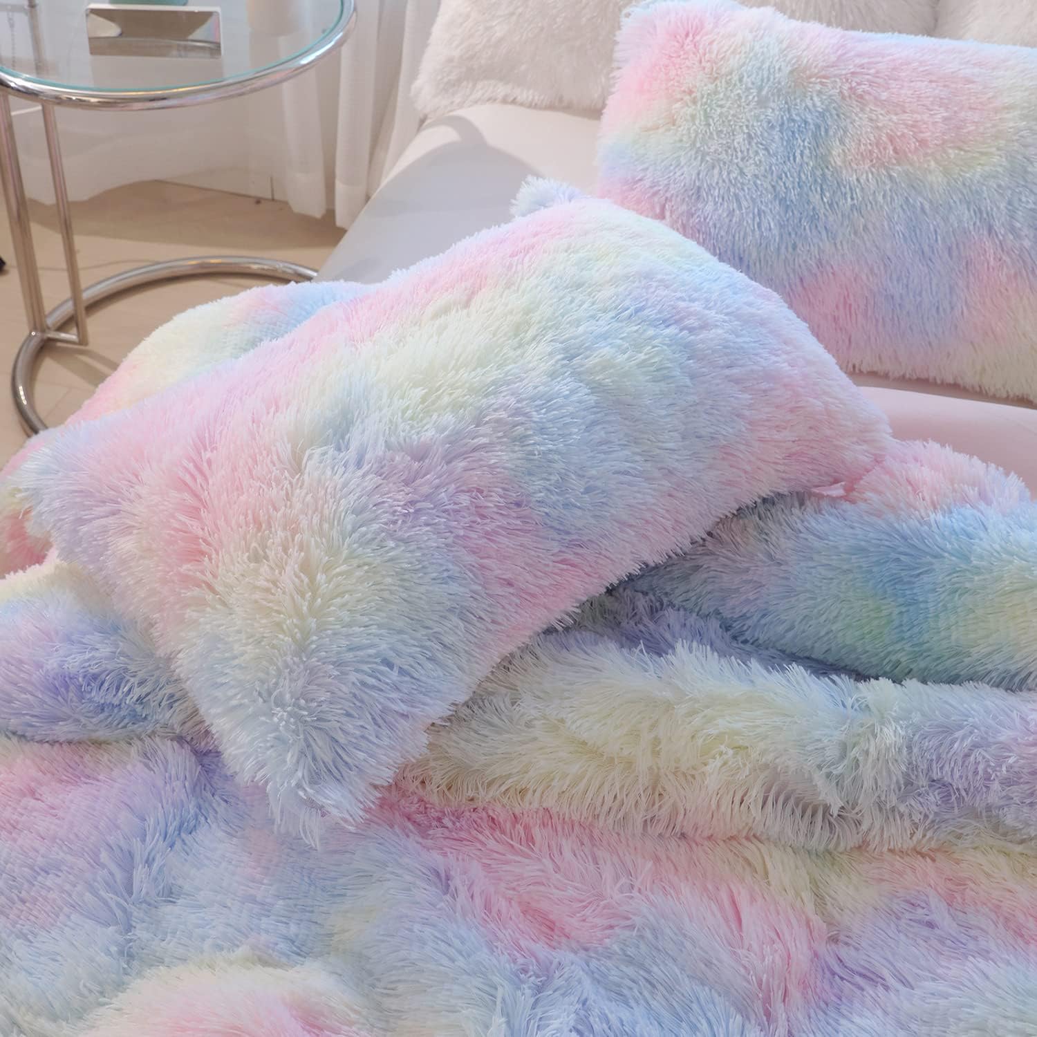 Chovy Kids Girls Faux Fur Rainbow Comforter Set TwinFull 3PC