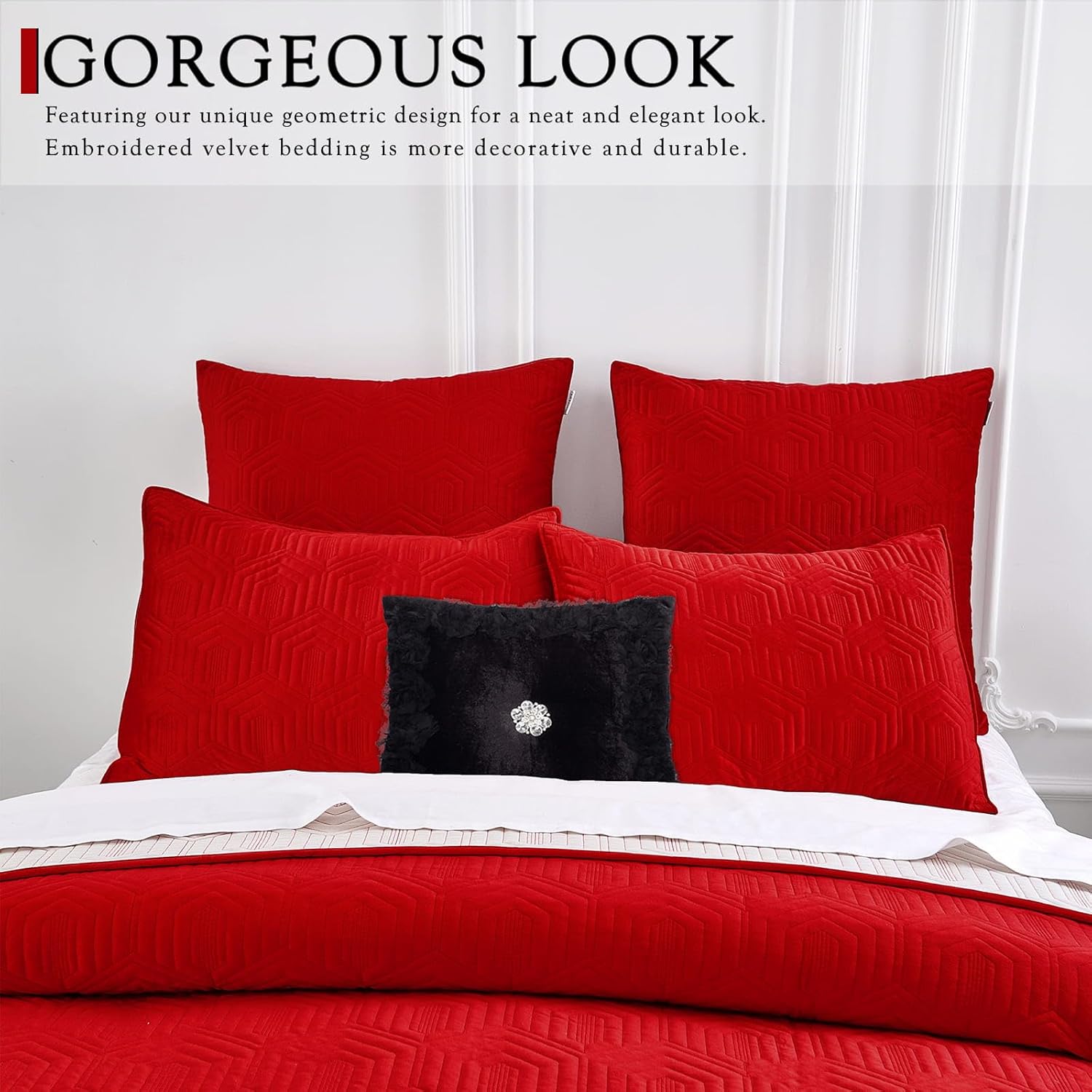 Querencia Velvet Quilt Set Queen - Red Ivory Geometric Comforter