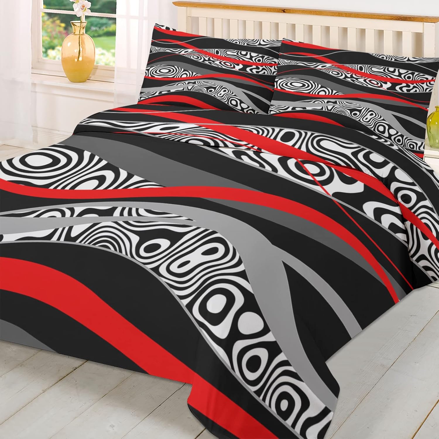 OComster California King Duvet Cover Set Red Geometric Pattern