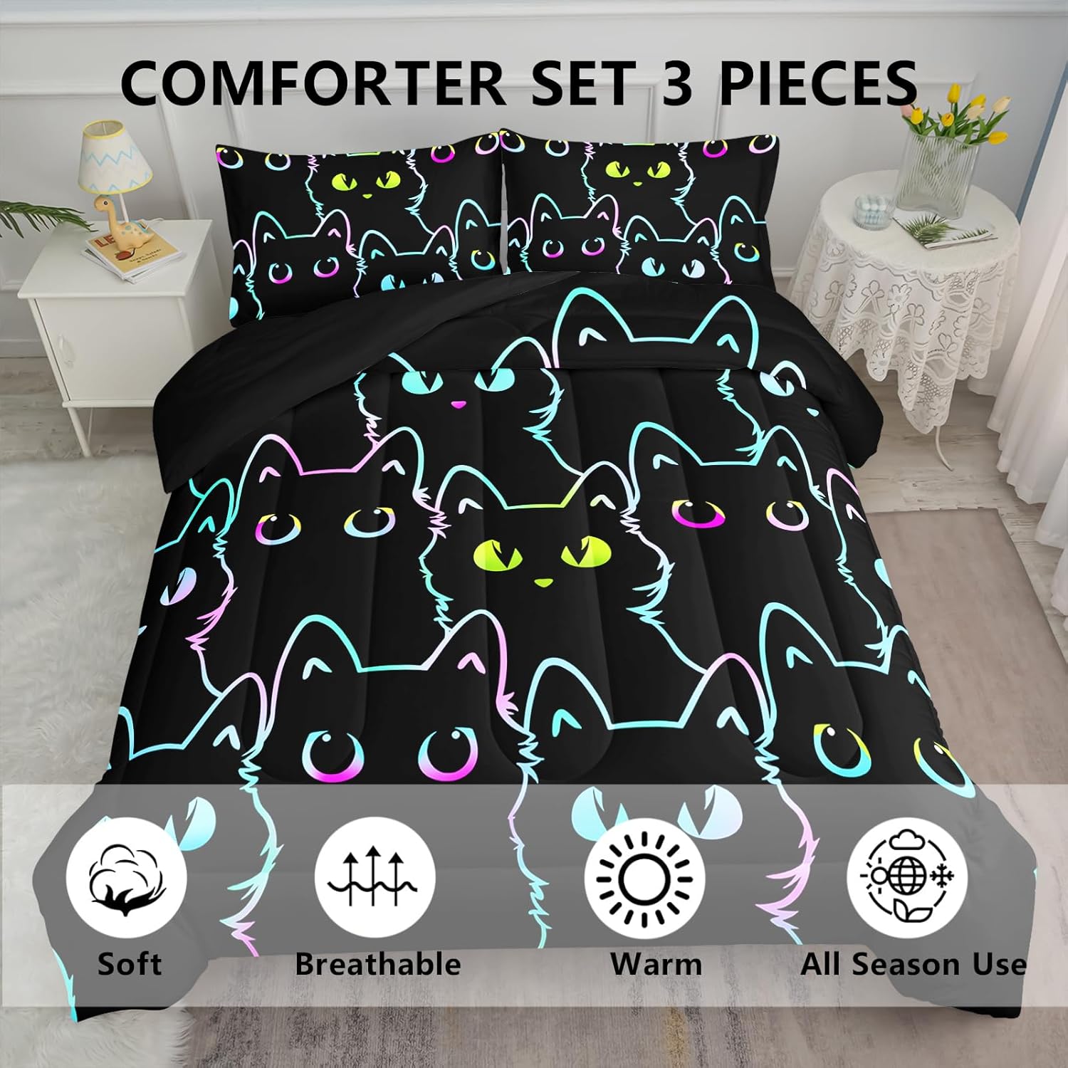 Axolotl Kids Cartoon Cat Comforter Set - Full Size Gradient Black