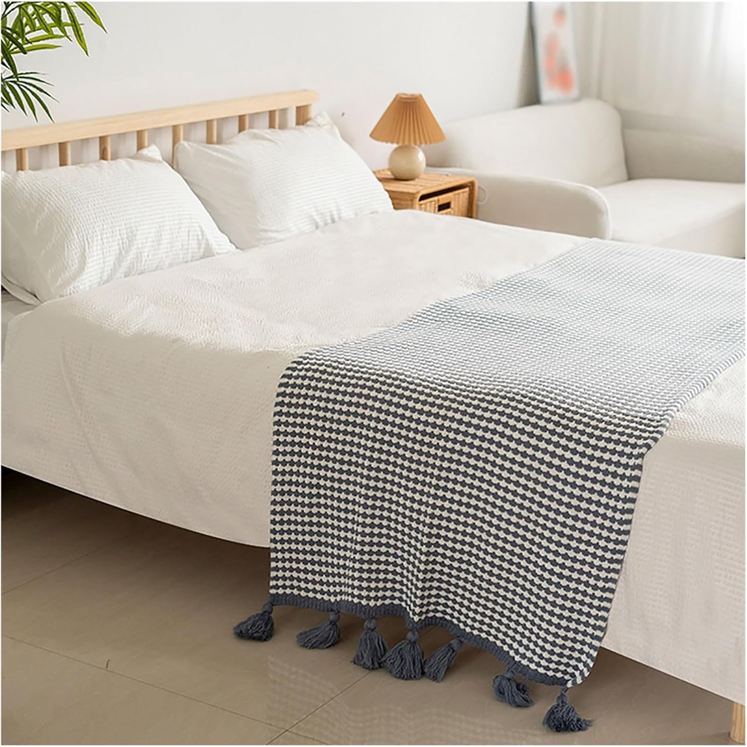 Knitted Bed Runner Scarf with Tassels 230x90cm Blue